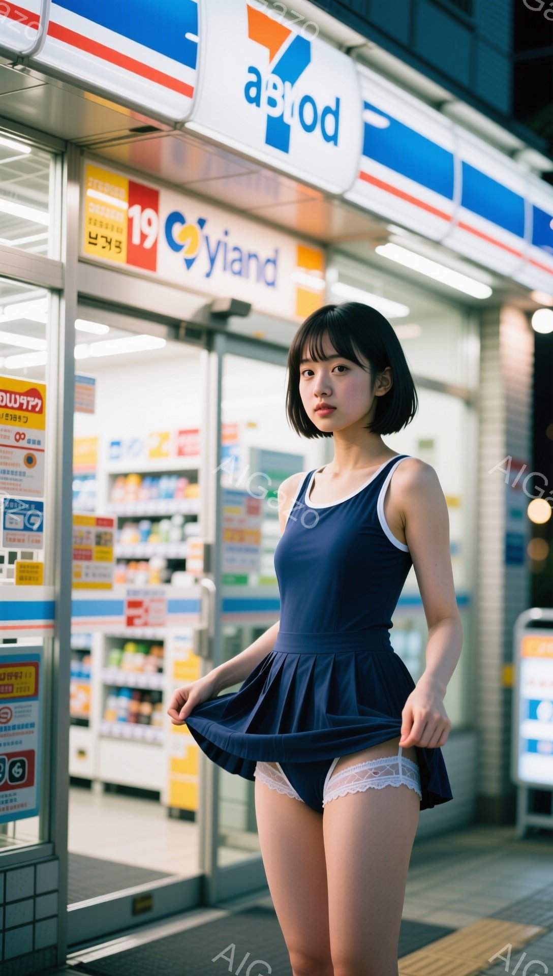 若い女性が紺色のワンピースのような水着を着て、白いレースのブリーフを着用している。彼女は短いボブヘアで、少し微笑んだ表情で、ワンピースの裾を軽く広げている。背景には「YAND」と書かれたコンビニエンスストアがあり、夜間の都市の風景がぼやけている。