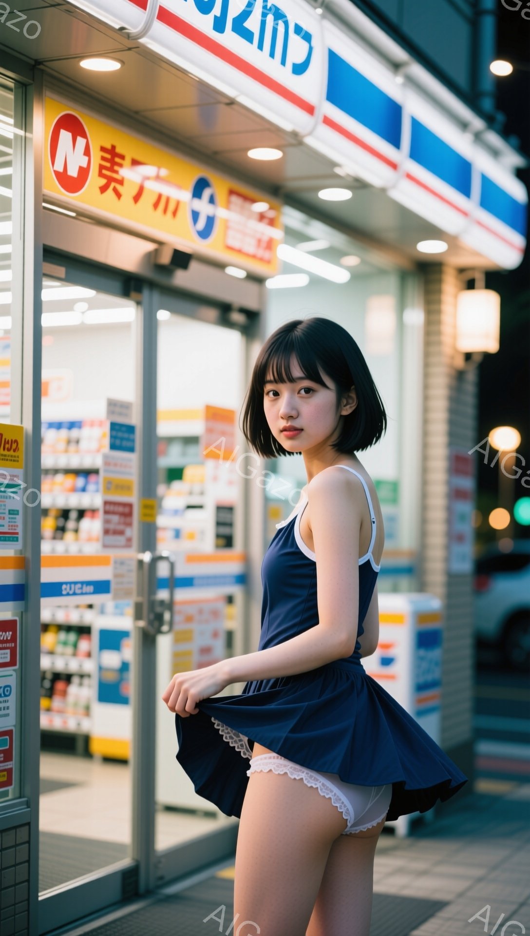 ショートカットの黒髪で、前髪が眉毛にかかる女性が写っている。紺色のキャミソールとミニスカートを身につけ、スカートの裾を持ち上げている。背景にはコンビニエンスストアがあり、夜の街並みがぼやけて見える。