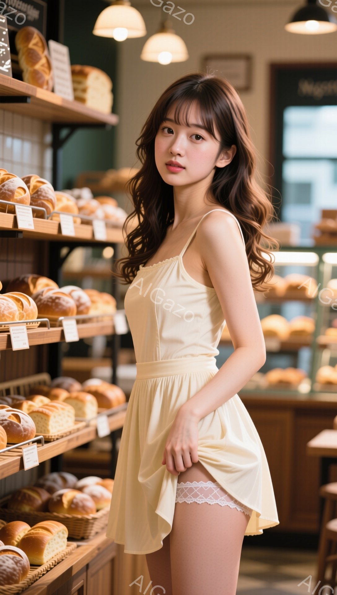 明るいパン屋で、若い女性が黄色いキャミソールワンピースを着て立っています。彼女は長い茶色の髪を肩にかけ、控えめな微笑みを浮かべています。背景にはパンが並んだ棚があり、温かく親しみやすい雰囲気を醸し出しています。