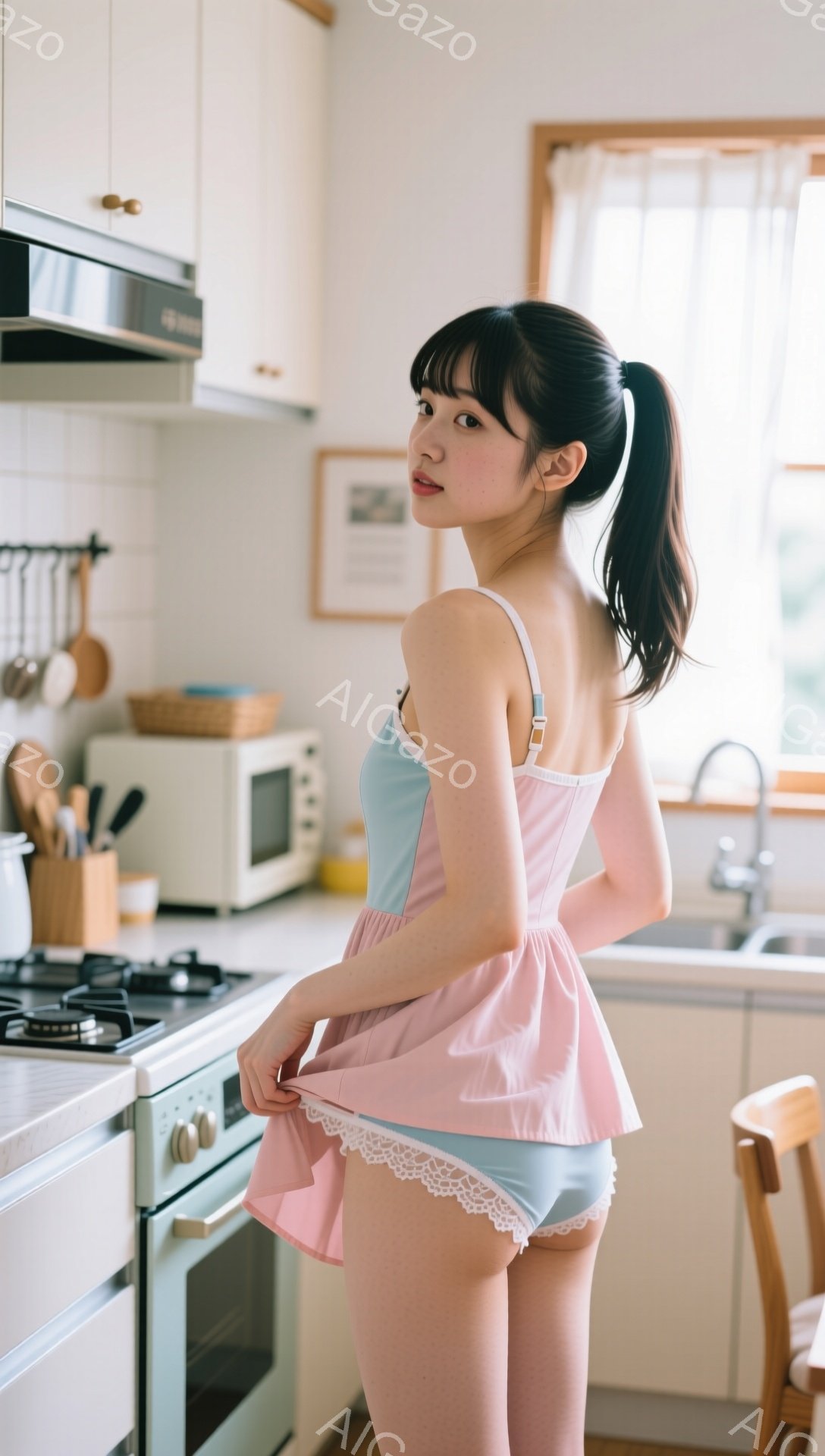 長い黒髪をポニーテールにし、ピンクと水色のワンピース風の水着を着た若い女性が写っています。彼女は少し振り返り、片手で水着のフリルを軽くつまんでいます。背景は明るいキッチンで、白を基調としたキャビネット、調理器具、窓から差し込む自然光が見え、全体的に明るく可愛らしい雰囲気です。
