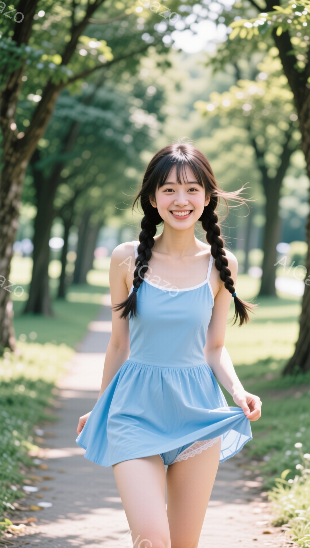 明るい青色のワンピースを着た若い女性が、両手をスカートの裾に当てて走っている様子が写っている。彼女は黒髪を二つに結び、笑顔でカメラを見つめている。背景には緑豊かな木々と道、そして日差しが差し込む晴れた空が広がっており、全体的に軽快で爽やかな雰囲気が漂っている。