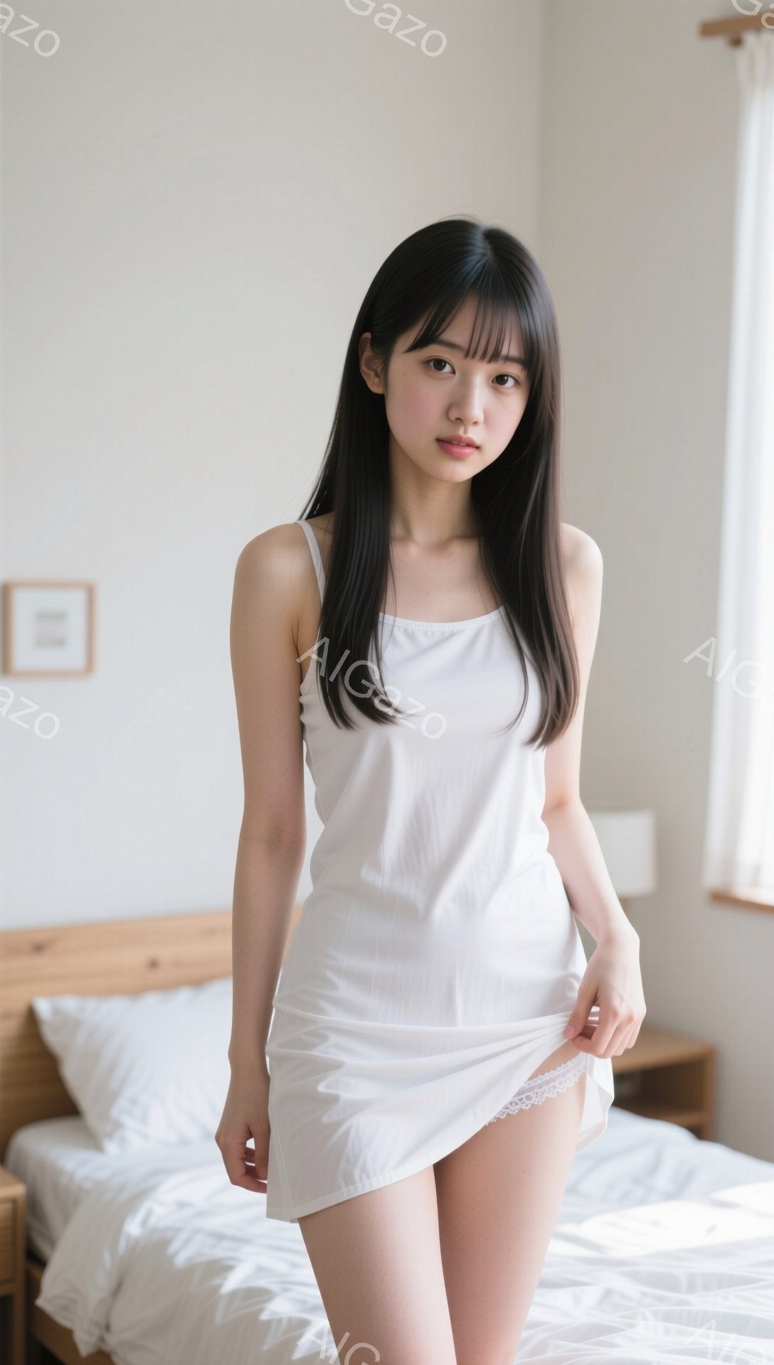 長い黒髪で前髪は眉毛にかかる程度にカットされた女性が、白いキャミソールと短いスカートを着ています。彼女はわずかに微笑んでおり、スカートの裾を軽く掴んでいます。背景にはベッドと木製の家具が見え、室内は明るく穏やかな雰囲気です。