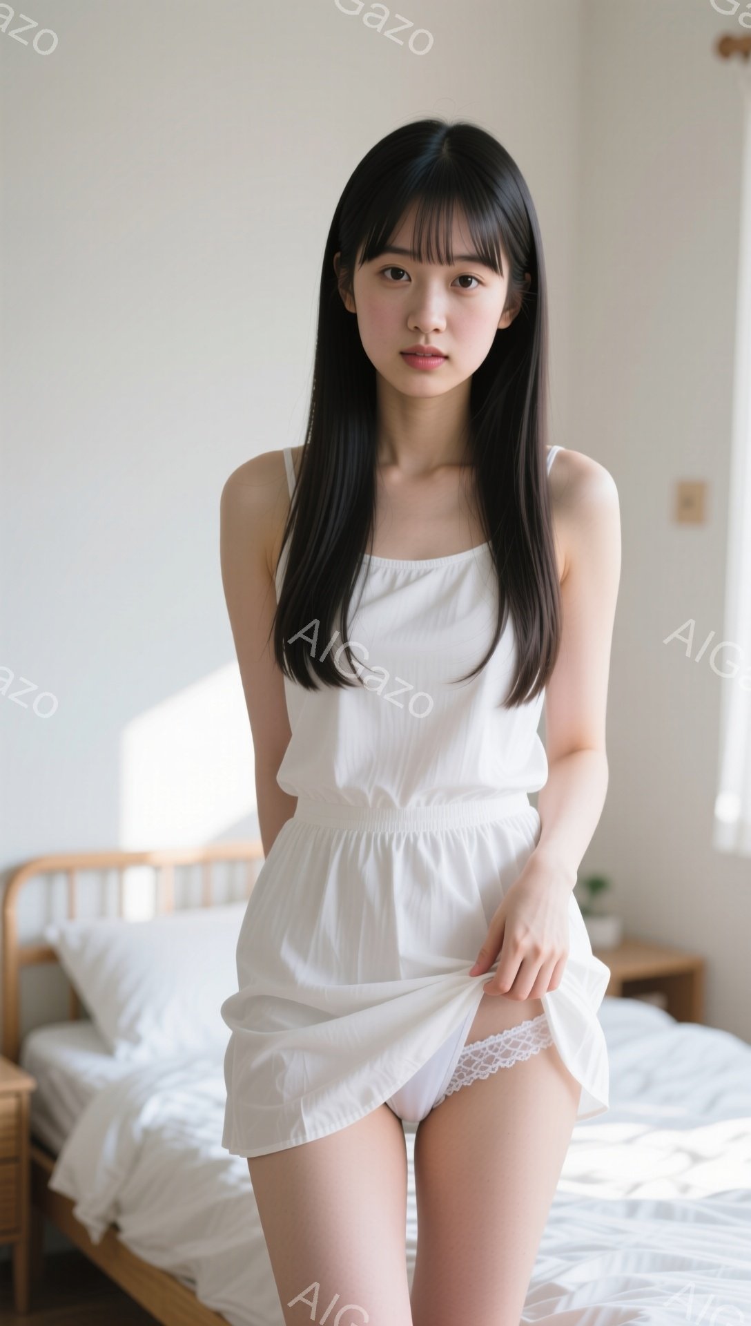 黒髪で前髪を下ろした若い女性が、白いキャミソールと短いスカート姿でベッドの上に立っています。彼女は少し微笑んでおり、スカートの裾を軽く掴んでいる様子から、リラックスした雰囲気が伝わってきます。背景には白いベッドと家具が見え、窓からの自然光が差し込み、明るく清潔感のある空間を作り出しています。