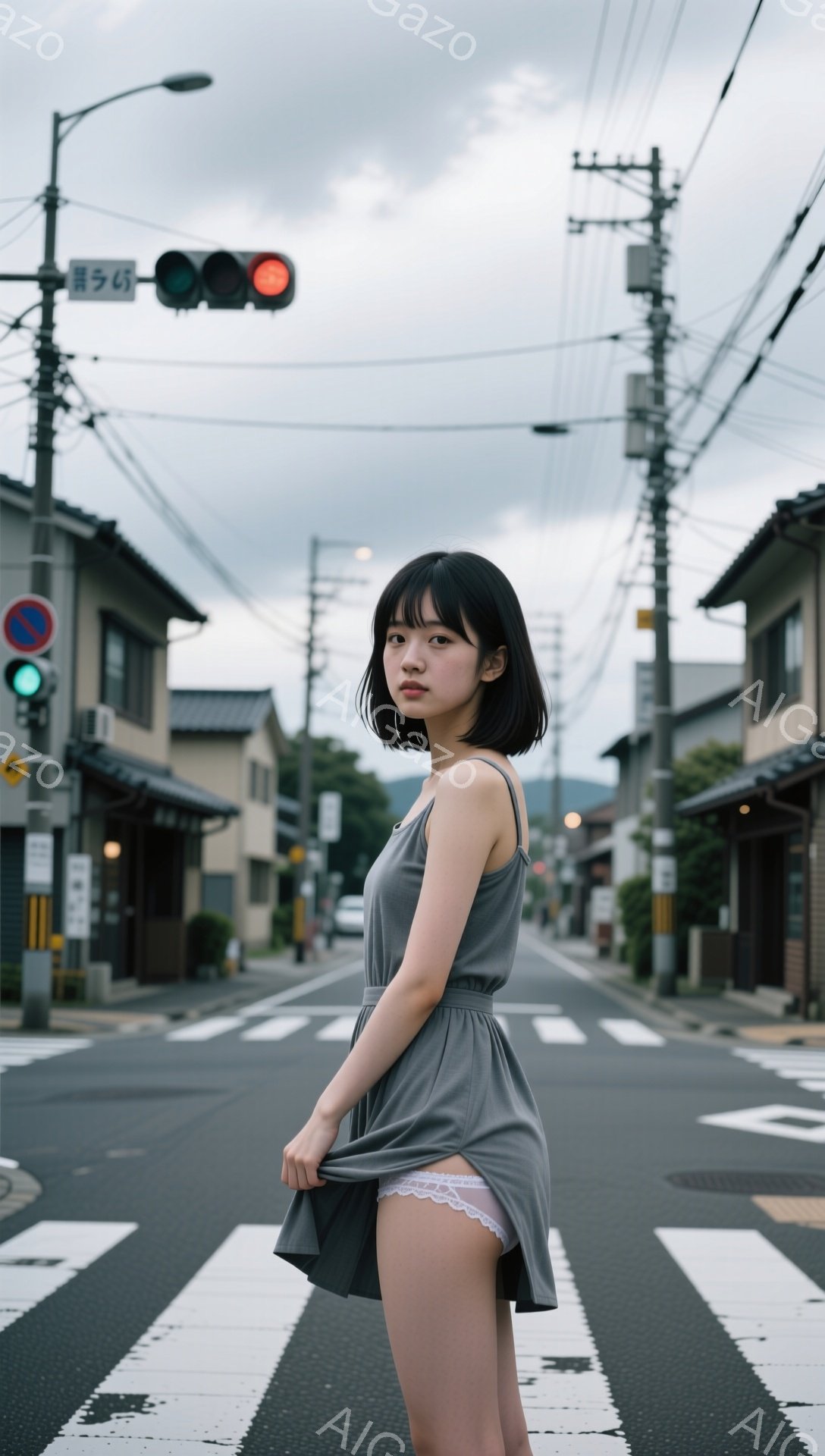 少女はグレーのキャミソールワンピースを着て、横断歩道上でスカートを軽く広げています。黒髪のショートボブスタイルで、少し微笑んだ表情をしています。背景には日本の住宅街が広がり、曇り空の下、電柱や信号機が立ち並び、少し寂しげな雰囲気です。