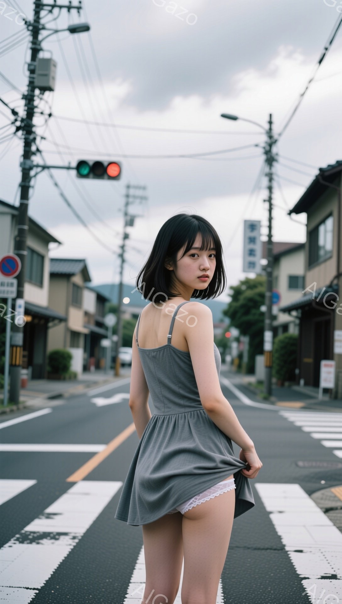 短い黒髪の女性が、グレーのキャミソールワンピースを着て、横断歩道上で少しワンピースの裾を持ち上げて立っている。表情は少し無表情で、背景には住宅街の風景が広がり、曇り空の下で電柱や道路標識が見える。全体的に、少し寂しげで日常的な雰囲気の写真である。