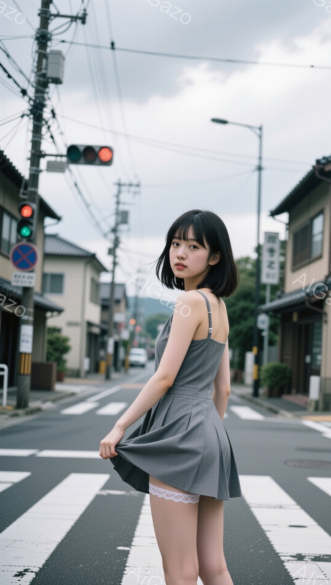 短い黒髪の女性が、横断歩道上でグレーのミニワンピースを着て立っている。ワンピースの下からレースのアンダースカートが覗いており、少しいたずらっぽい表情でワンピースの裾を軽く握っている。背景には古い建物や電柱が並び、曇り空の下、どこか懐かしい日本の田舎町の雰囲気が漂っている。
