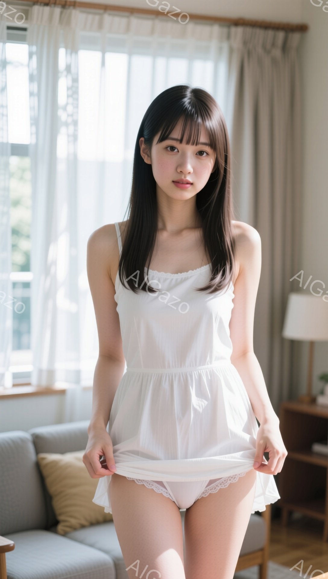 長い黒髪に前髪を合わせた女性が、白いキャミソールワンピースを着て立っている。彼女は少し微笑んでおり、ワンピースの裾を軽く握っている。背景には灰色のソファと木製の家具が見え、明るい自然光が差し込んでいる室内で、柔らかく穏やかな雰囲気が漂っている。