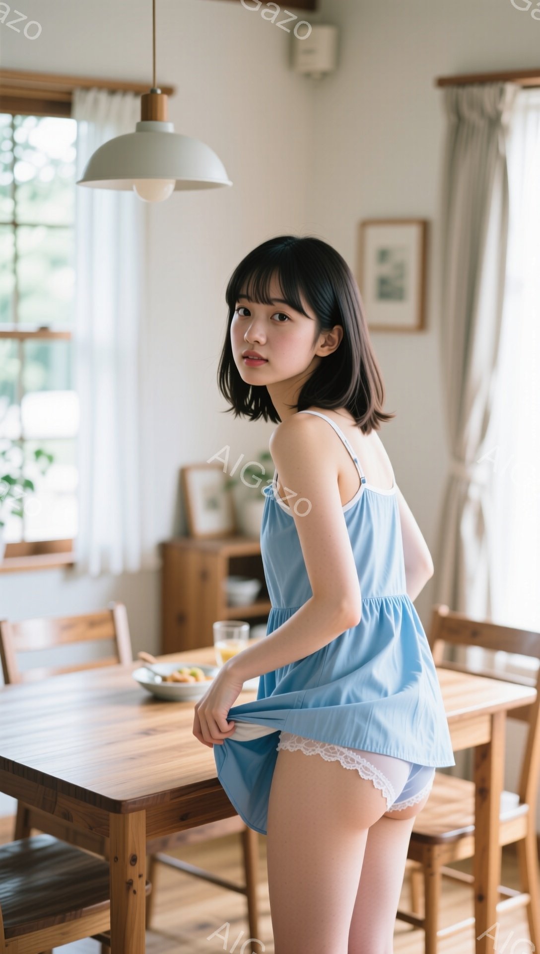 短い黒髪の女性が、薄い水色のキャミソールとショーツ姿でダイニングテーブルの前に立っている。彼女はキャミソールの裾を軽く握り、微笑みを浮かべてこちらを見ている。背景には木製の家具や窓から差し込む自然光があり、温かく穏やかな雰囲気が漂っている。