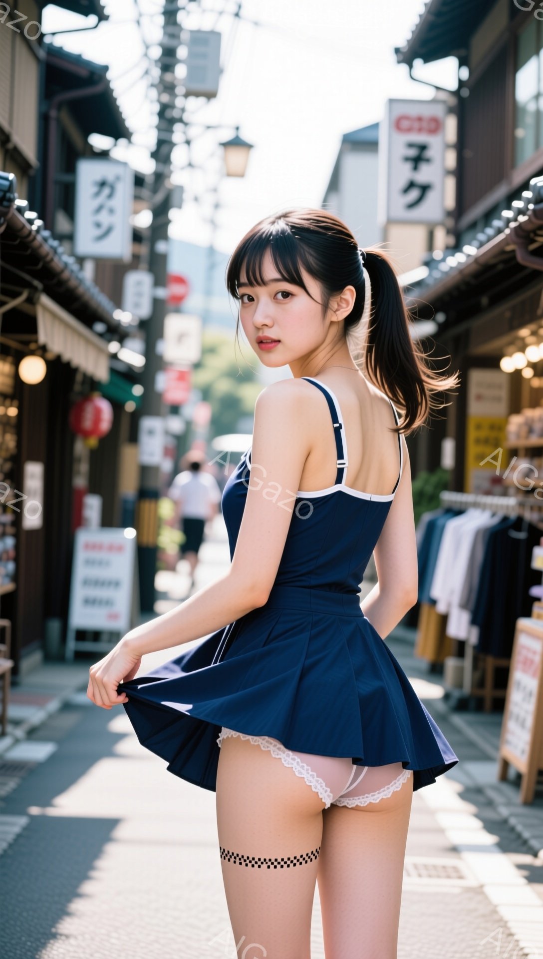長い黒髪をポニーテールにした若い女性が、紺色のワンピーススカートを少し持ち上げています。彼女は少し微笑んでおり、レースの装飾が施された下着と黒と白の縞模様のストッキングを着用しています。背景には、商店街の賑やかな風景が広がり、商店の看板や歩行者が写っています。