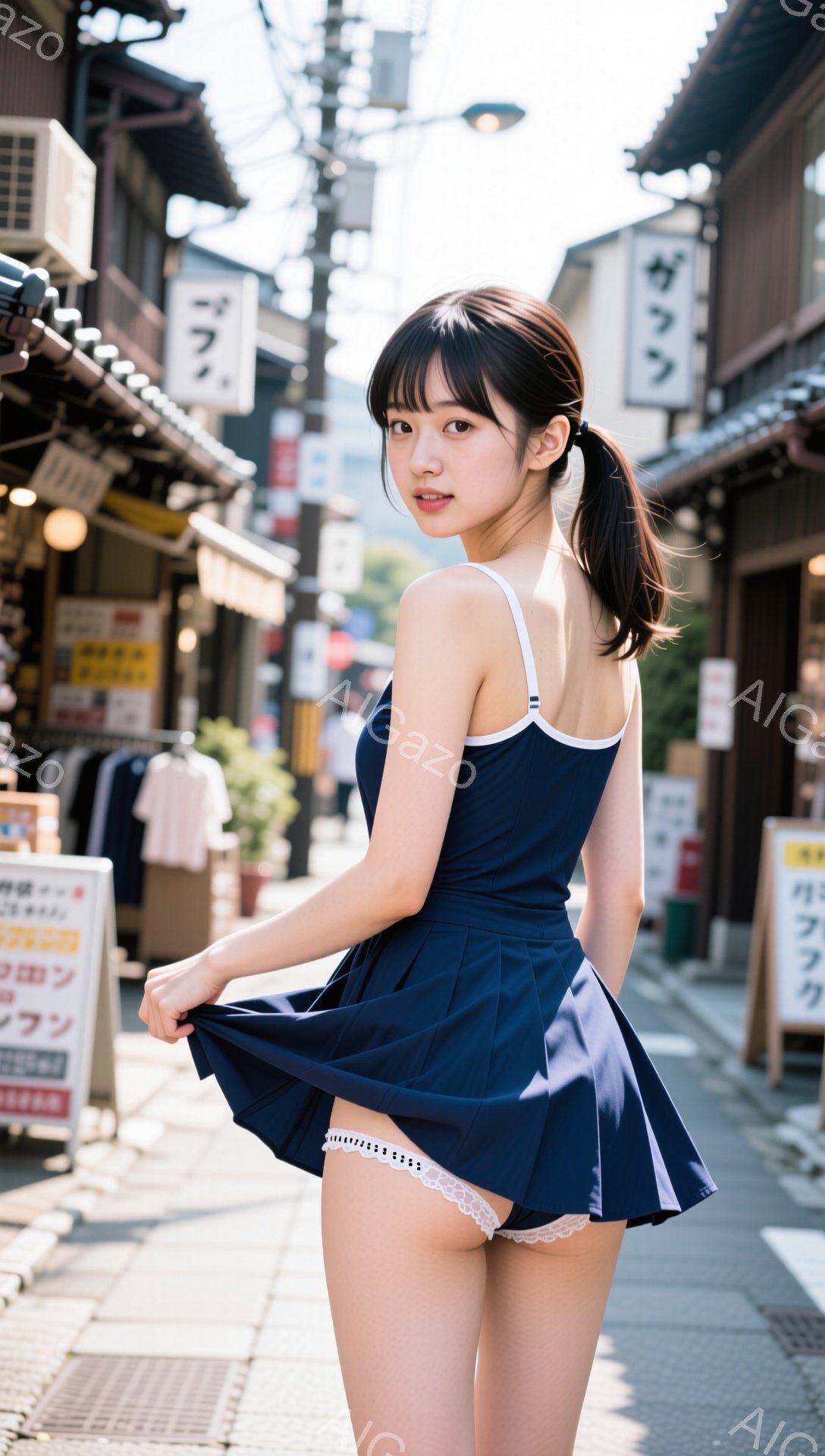 長い黒髪をポニーテールにし、前髪は眉毛にかかるように流した若い女性が写っている。紺色のキャミソールとプリーツスカートを着用し、スカートが風でふわりと舞っている。背景には木造の建物が並び、商店街のような賑やかな雰囲気であり、晴天で光が差し込んでいる。