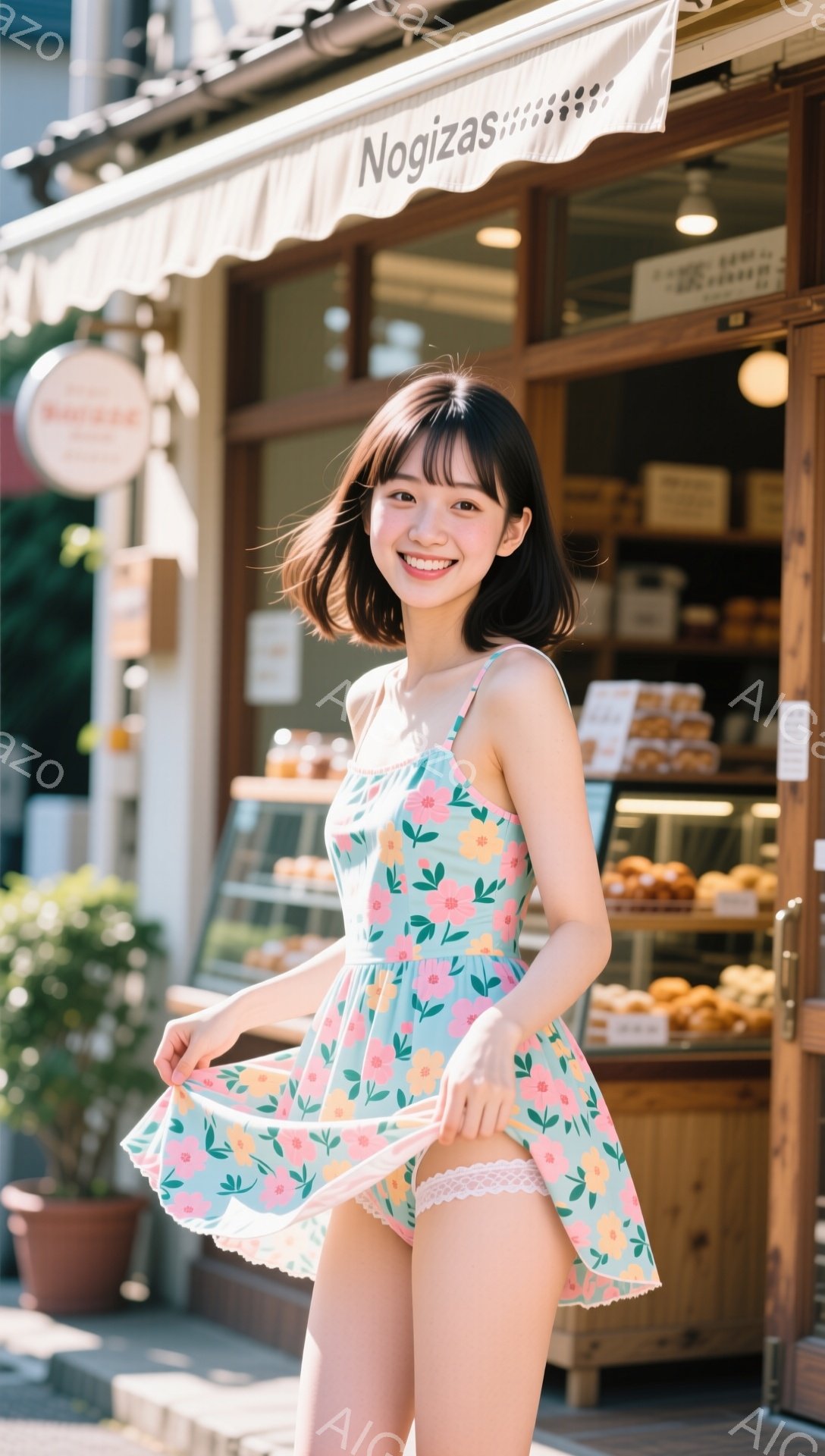 明るい日差しの中で、若い女性が花柄のミニワンピースを着て立っている。彼女は笑顔で、風に吹かれるスカートを少し持ち上げている。背景にはパン屋があり、ショーケースにはパンが並んでいる。