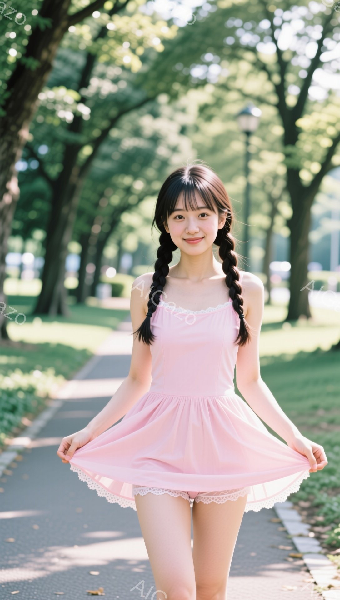 ピンク色のワンピースを着た若い女性が、緑豊かな公園の遊歩道を歩いています。彼女は髪を二つに分けて三つ編みにし、笑顔でカメラを見ています。背景には木々が生い茂り、晴れた日の穏やかな雰囲気が漂っています。