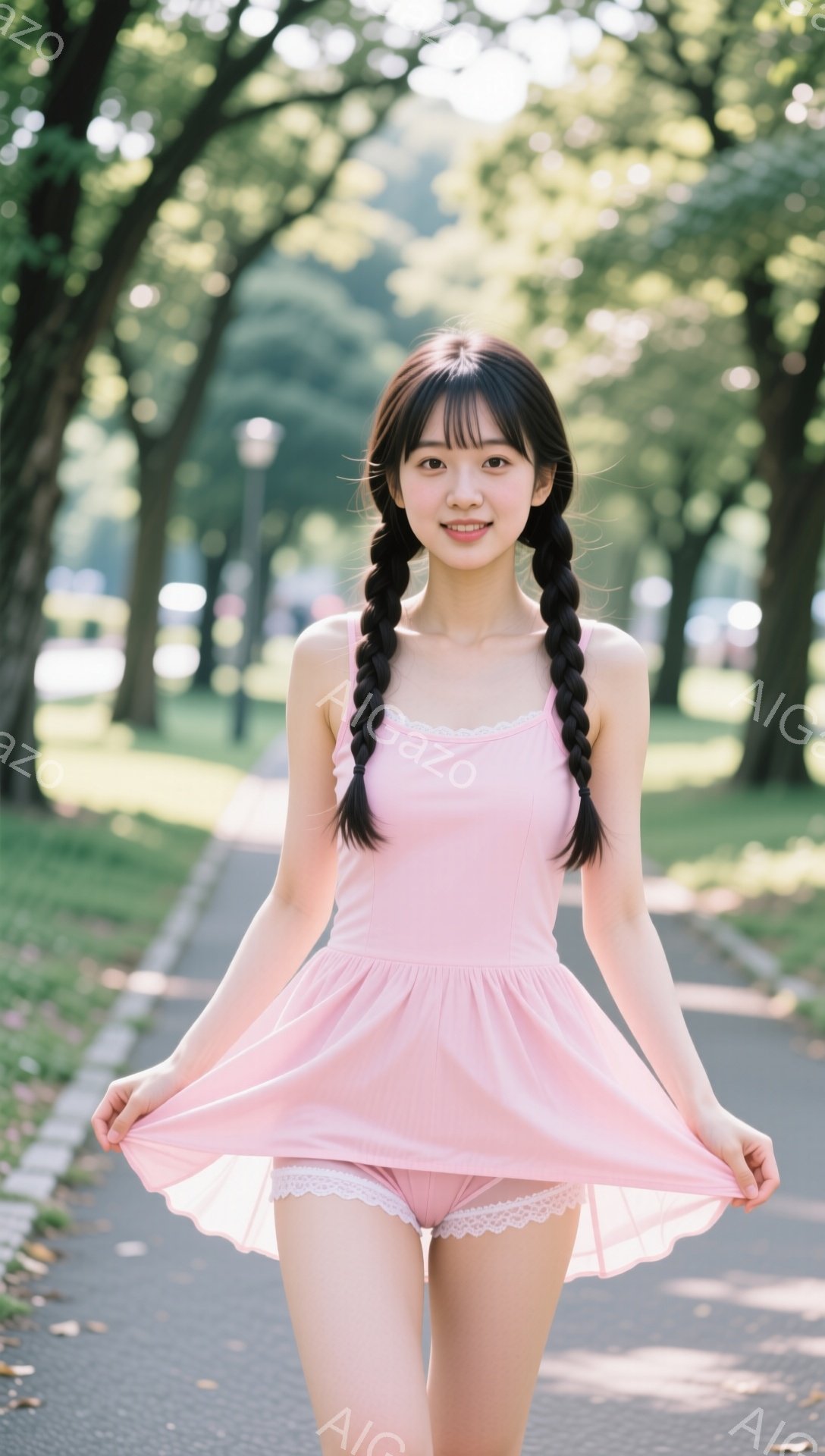 明るいピンク色のワンピースを着た若い女性が、道端でスカートを広げながら歩いている。彼女は黒髪を二つに分けて三つ編みにし、笑顔でカメラを見ている。背景には緑豊かな木々と遊歩道が広がり、晴れた日の穏やかな雰囲気が漂っている。