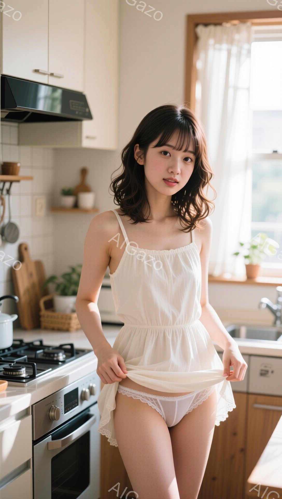 明るいキッチンで、茶髪の女性が白いキャミソールワンピースを着て、少し微笑んでいます。彼女はワンピースの裾を持ち上げ、軽く足を広げて立っており、リラックスした雰囲気を醸し出しています。背景には、調理器具や植物が置かれたキッチンがあり、窓からは自然光が差し込んでいます。