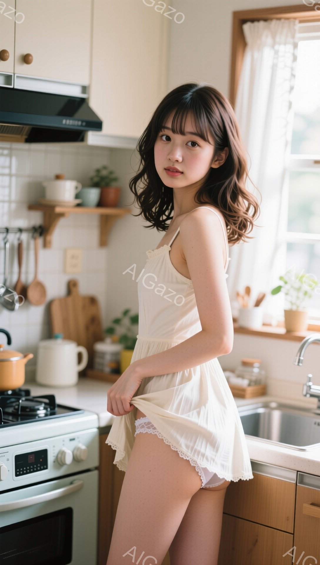 明るいキッチンで、肩出しのクリーム色のワンピースを着た若い女性が写っています。彼女は少しワンピースの裾を持ち上げ、微笑んでいます。背景には調理器具が飾られた壁、ガスコンロ、シンクが見え、全体的に暖かく穏やかな雰囲気です。