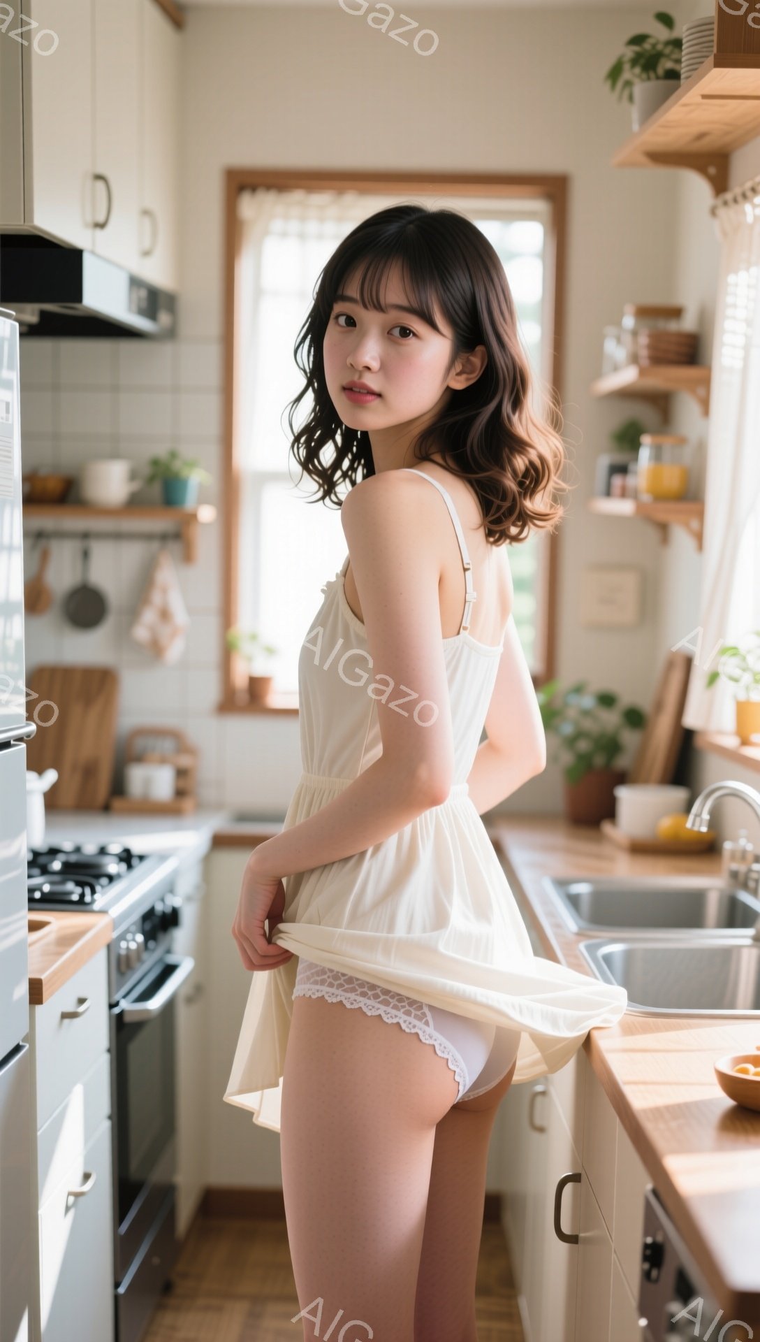 明るいキッチンで、若い女性が白いキャミソールワンピースと白いレースのパンツを身に着けて立っています。彼女は長い茶色の髪を軽くカールさせ、少し微笑んでいます。背景には木製のキャビネット、ステンレス製のシンク、そして植物が飾られた窓があり、全体的に温かく家庭的な雰囲気です。