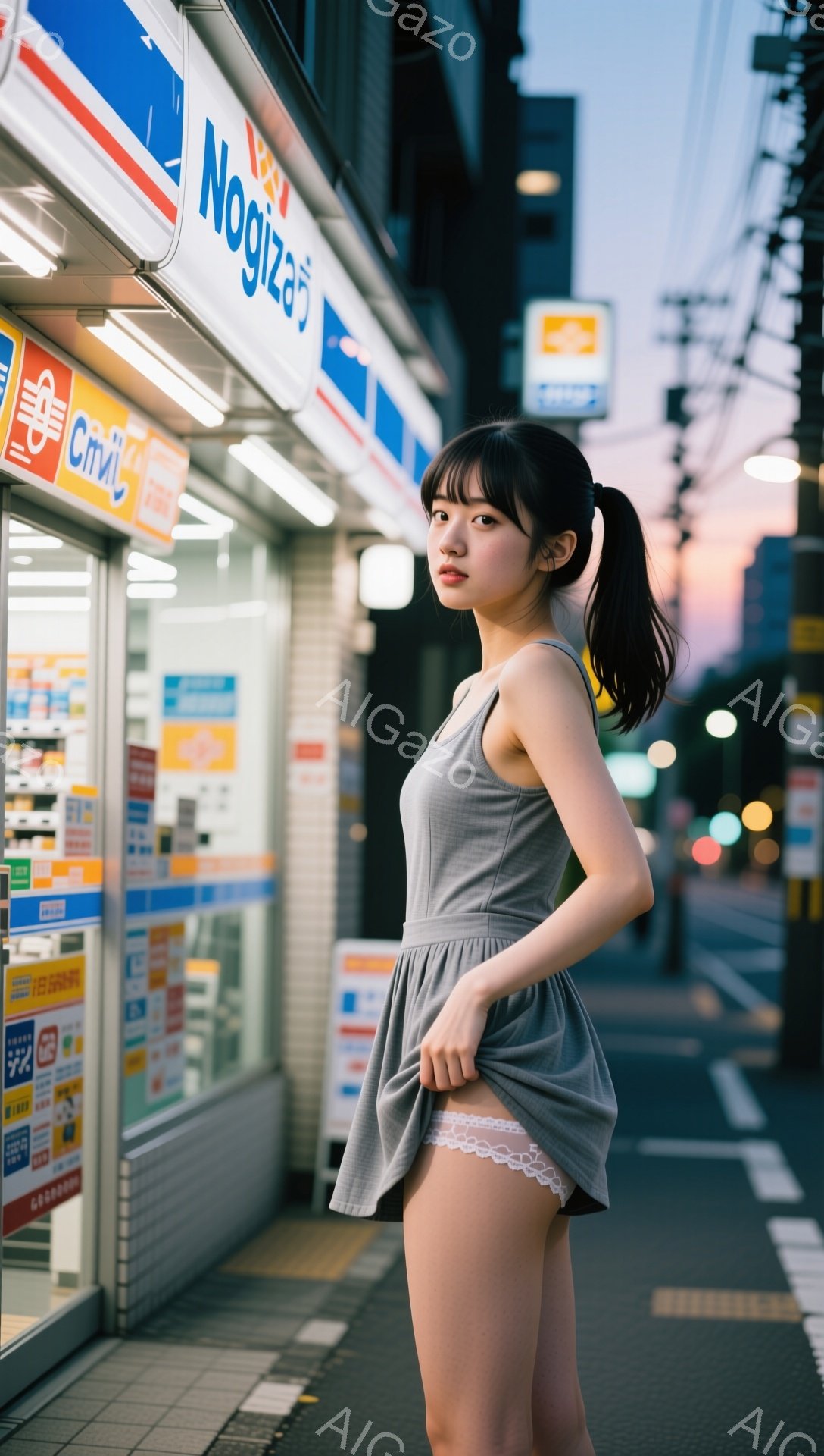 若い女性が路地裏に立っており、グレーのキャミソールワンピースと白いレースのトリミングが付いた下着を身につけている。彼女は長い黒髪をポニーテールにし、わずかに微笑んでいる。背景にはコンビニエンスストアや電柱、夕焼け空が見え、少し寂しげで都会的な雰囲気を醸し出している。
