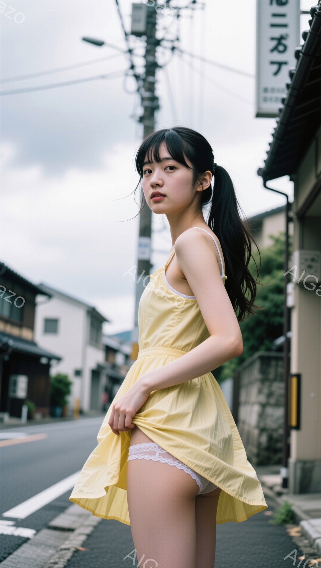 明るい黄色のキャミソールワンピースを着た若い女性が、片手でスカートを少し持ち上げている。彼女は黒髪をポニーテールにし、少し微笑み、見つめるような表情をしている。背景には日本の古い街並みが広がり、日差しが差し込む晴れた日の様子がうかがえる。