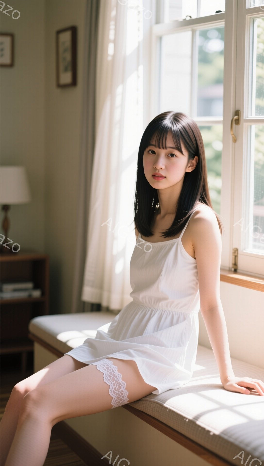 長い黒髪で前髪が眉毛にかかる女性が、白いキャミソールワンピースを着て、窓際の白いベンチに座っています。彼女はわずかに微笑み、リラックスした様子で、レースのトリミングが可愛らしいワンピースを身につけています。背景は窓から差し込む光で明るく、穏やかで優しい雰囲気を醸し出しています。