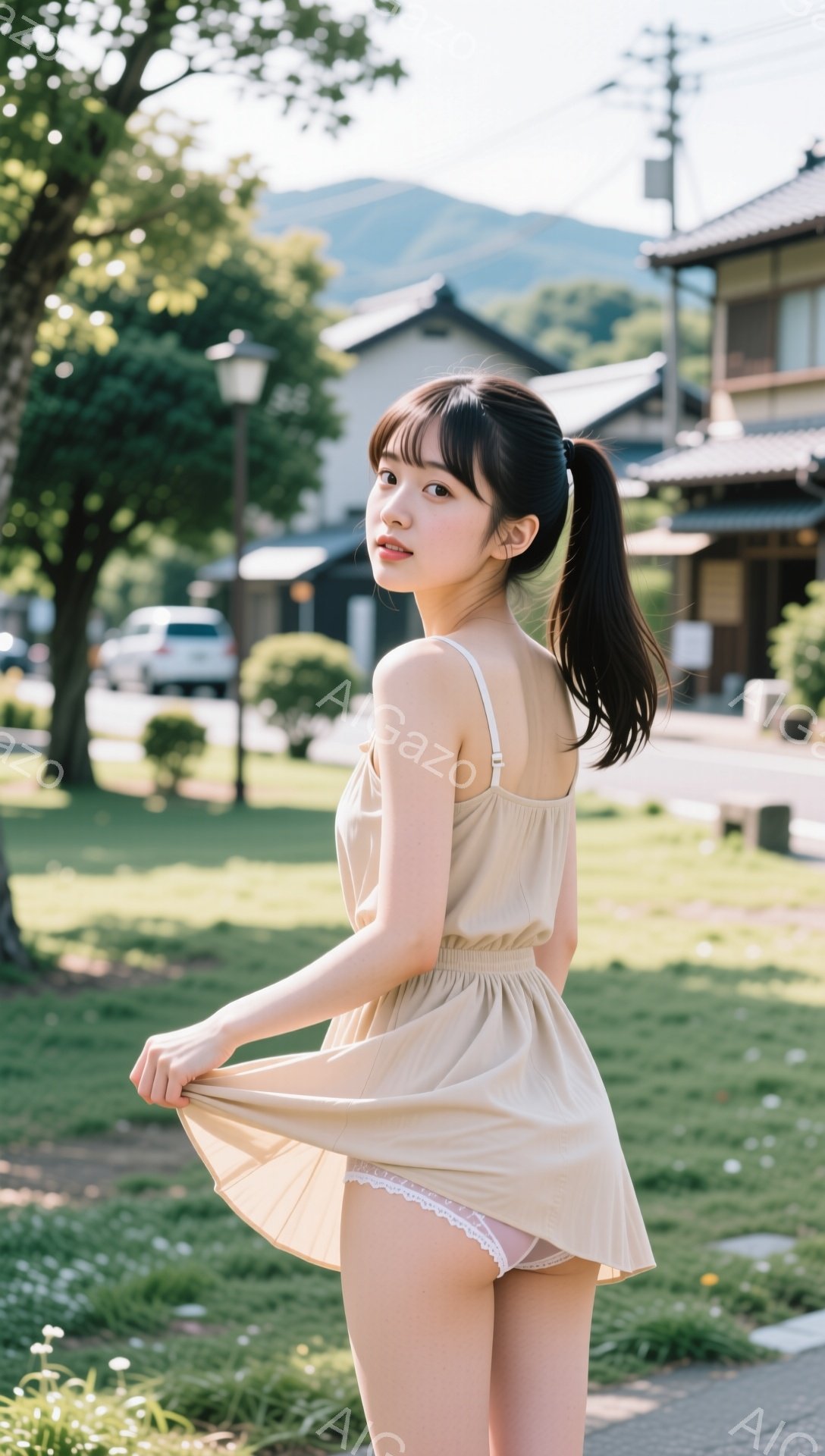 若い女性がベージュ色のキャミソールワンピースを着て、スカートを少し持ち上げています。彼女は長い黒髪をポニーテールにし、少し微笑んでカメラを見ています。背景には、緑豊かな芝生、伝統的な日本の建物、そして遠くの山々が見え、晴れた日の穏やかな雰囲気を醸し出しています。