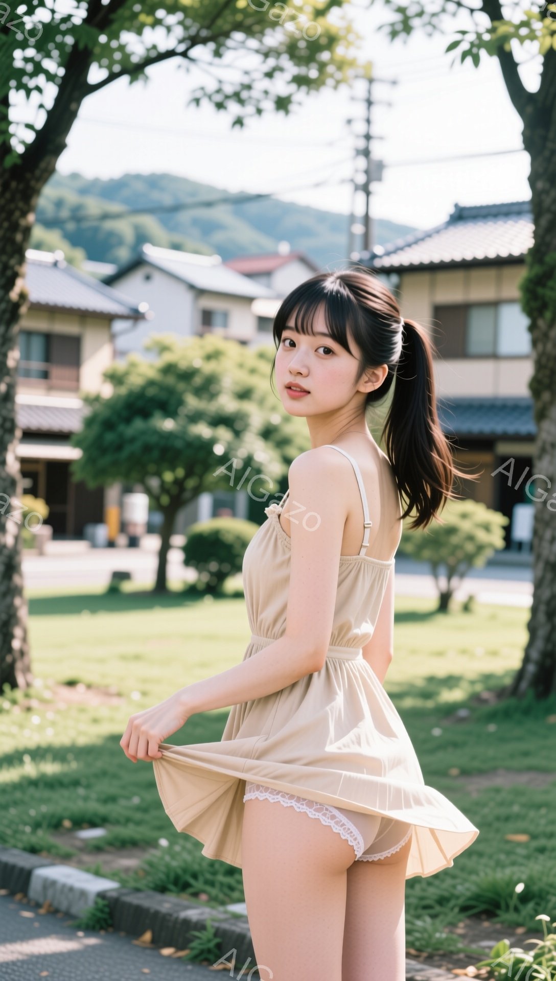 黒髪をポニーテールにした若い女性が、ベージュ色のキャミソールワンピースを着て、スカートを少し持ち上げている。彼女はカメラに向かって振り返り、少し微笑んでいる表情で、背景には緑豊かな木々や住宅が広がる。晴れた日の穏やかな風景で、温かく優しい雰囲気が漂っている。