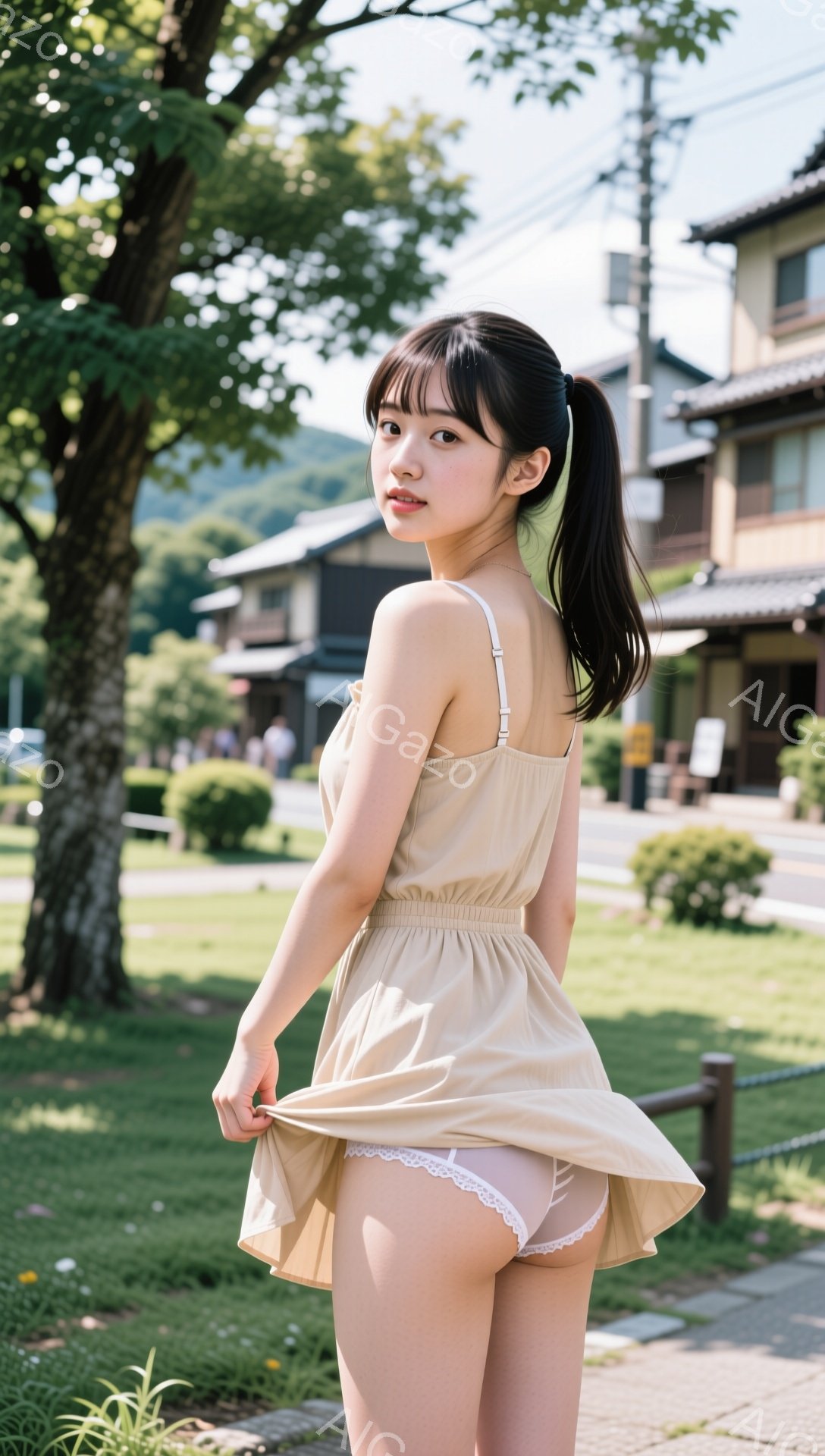 長い黒髪をポニーテールにした若い女性が、ベージュ色のキャミソールワンピースを着て、少しワンピースの裾を持ち上げています。背景には緑豊かな芝生と木々、そして日本の伝統的な建物が並び、晴れた日の穏やかな雰囲気が漂っています。彼女は少し微笑んでおり、表情は柔らかく、優雅な印象を与えます。