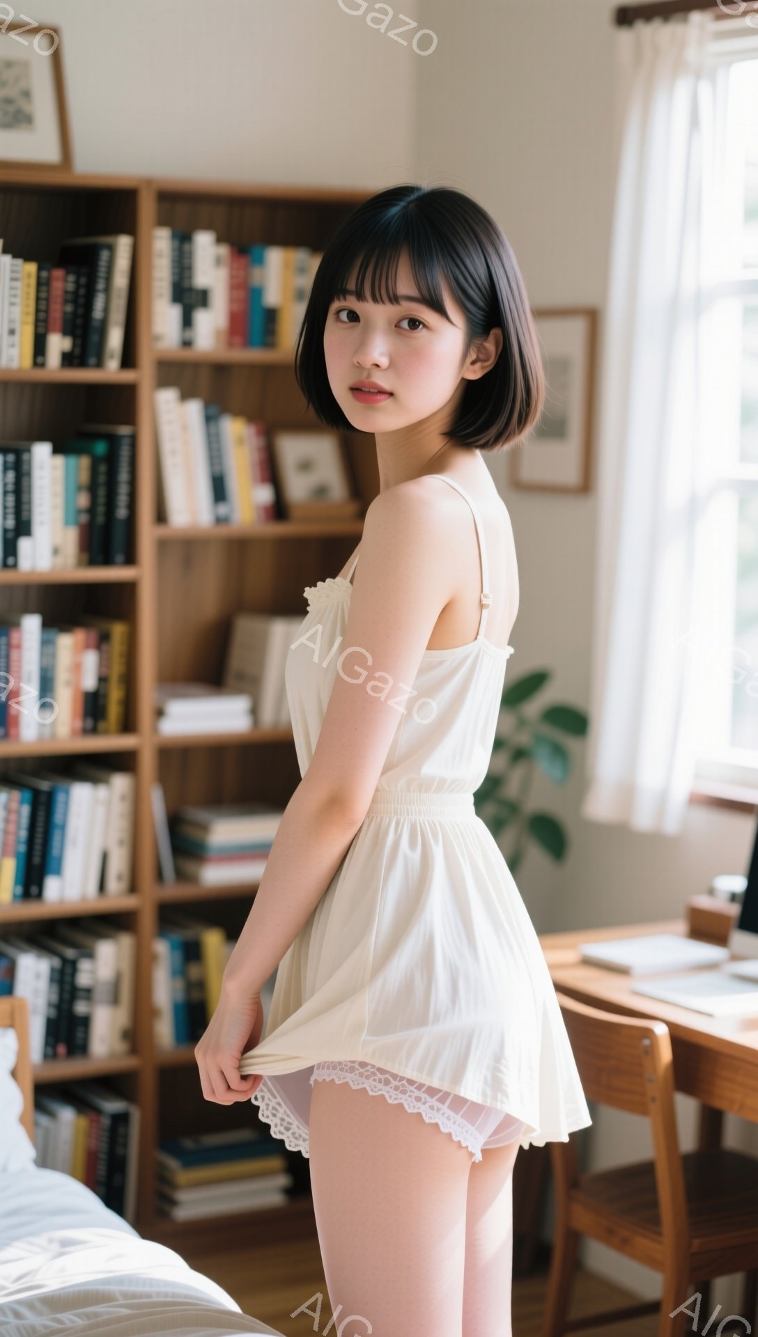 ショートヘアの女性が、白いキャミソールドレスとレースのトリムがついたパンツを身に着けています。彼女はわずかに微笑み、片手でドレスの裾を持ち上げ、少し後ろを振り返っています。背景には本棚と木製の机があり、部屋は明るく自然光で満たされています。