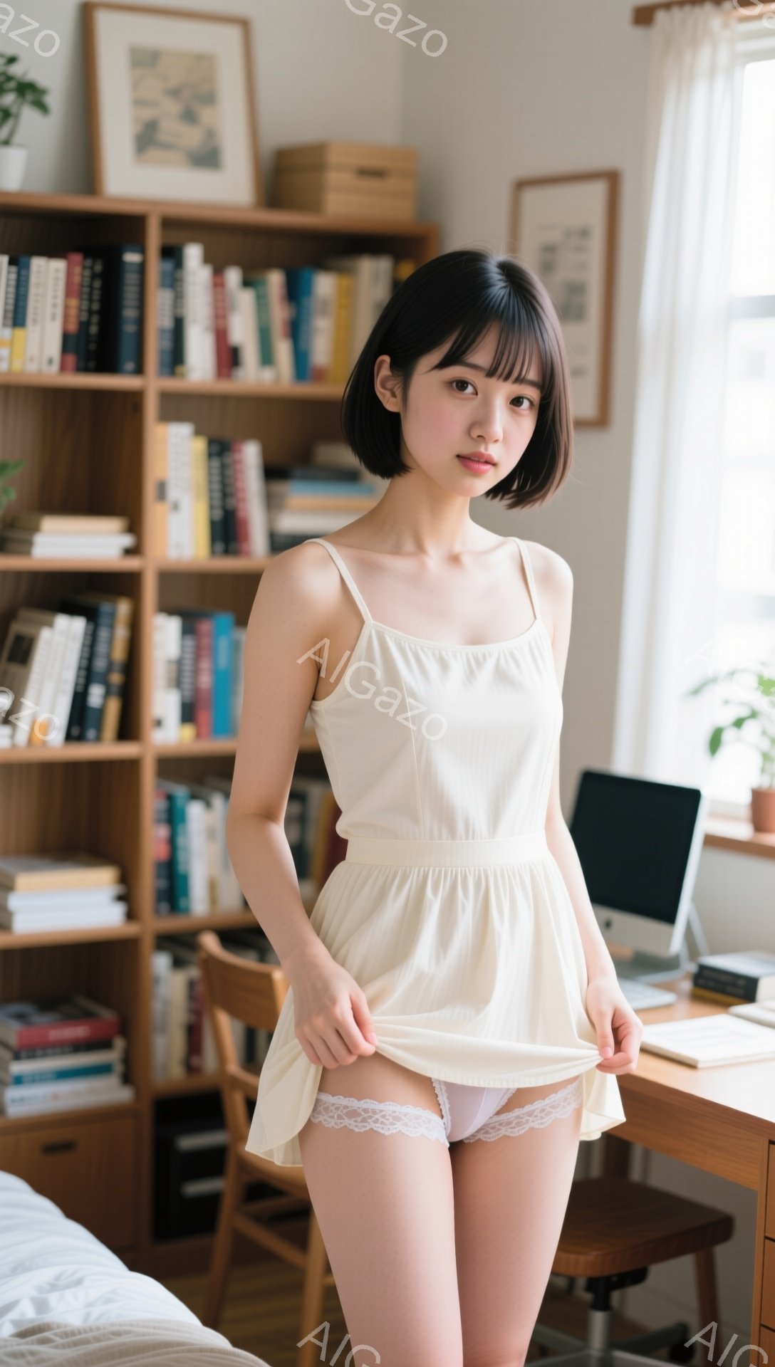 明るい室内で、茶色の前髪と肩までの長さの黒髪の女性が、クリーム色のキャミソールワンピースを着ています。彼女は少し微笑んでおり、ワンピースの裾を軽く掴んでいます。背景には本棚、机、そしてコンピュータが見え、落ち着いた家庭的な雰囲気が漂っています。