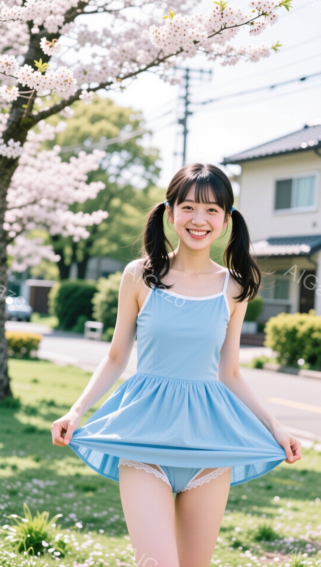 明るい青色のワンピースを着た若い女性が、スカートを少し持ち上げて笑顔で立っています。彼女はツインテールで、表情は明るく、楽しそうに見えます。背景には、桜の木と住宅、緑の芝生があり、晴れた春の日の穏やかな雰囲気が漂っています。