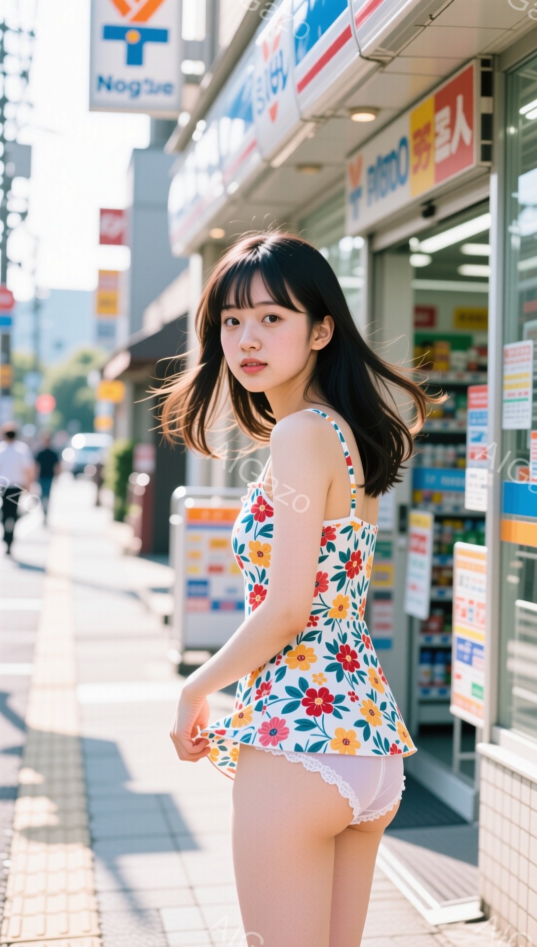 若い女性が白い背景に花柄のトップスと白い下着姿で立っています。彼女は肩までの長さのダークブラウンの髪をしており、前髪が顔にかかっています。背景にはコンビニエンスストアがあり、日中は晴れた空が広がっています。