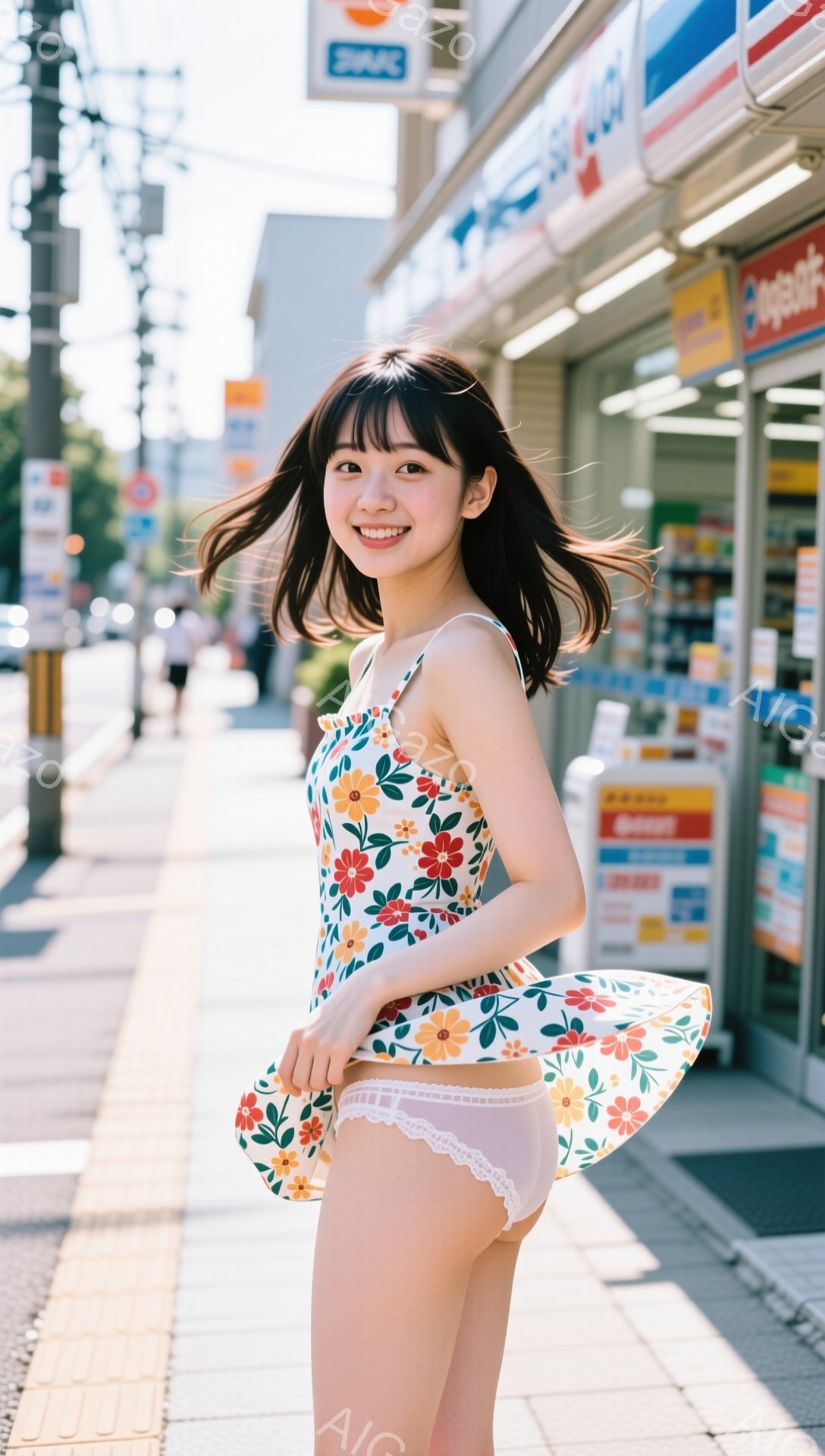 若い女性が花柄のワンピースを着て、風に吹かれながらポーズをとっています。彼女は黒髪で、前髪が少しカールしており、笑顔でカメラを見つめています。背景にはコンビニエンスストアや住宅が見え、晴れた日の屋外で撮影されたようです。