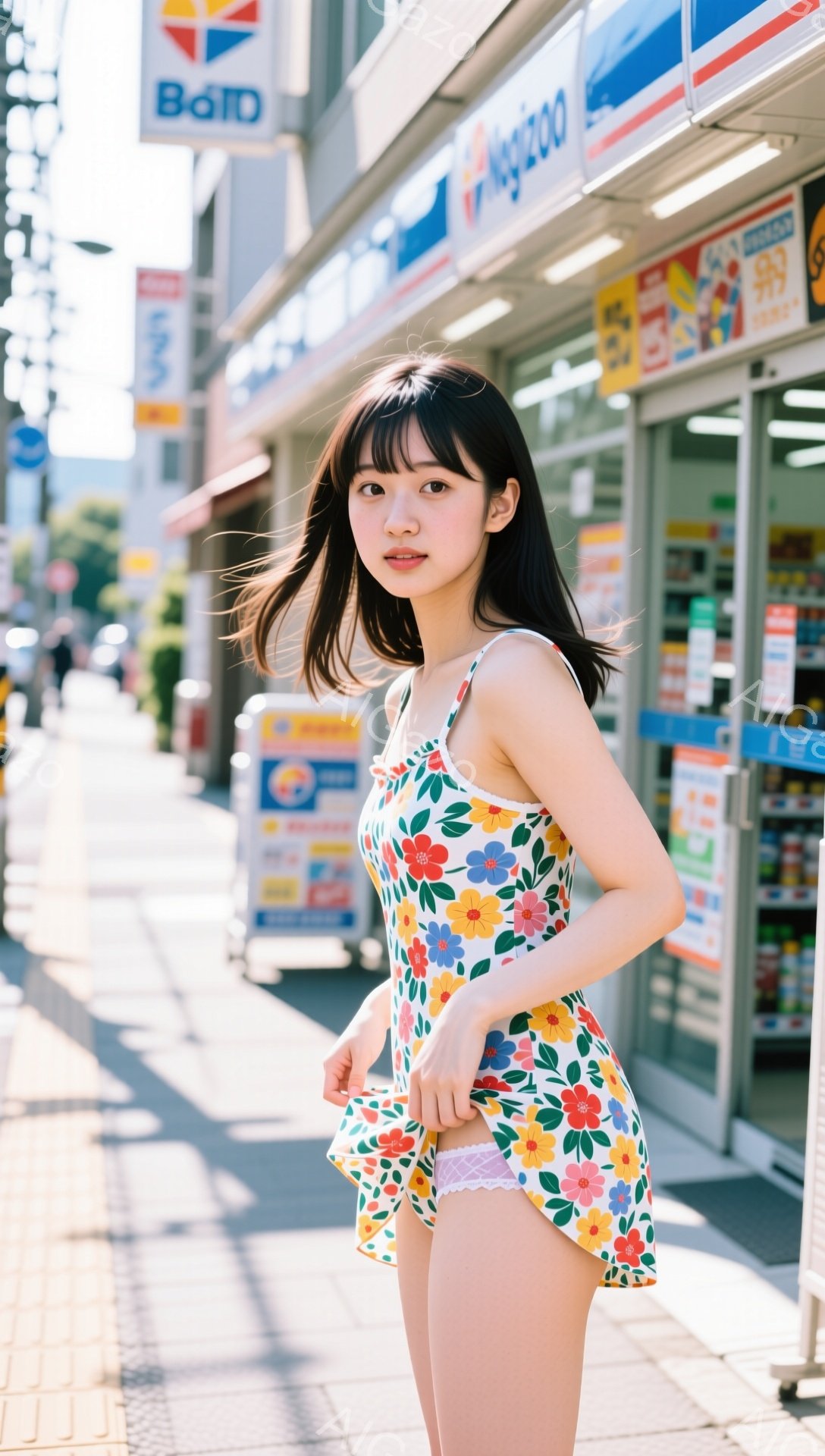 白地に色とりどりの花柄がプリントされたキャミソールワンピースを着た若い女性が写っています。彼女は肩までの黒髪で、前髪を少しだけ分けています。背景にはコンビニエンスストアがあり、晴れた日の日差しがアスファルトに反射しています。