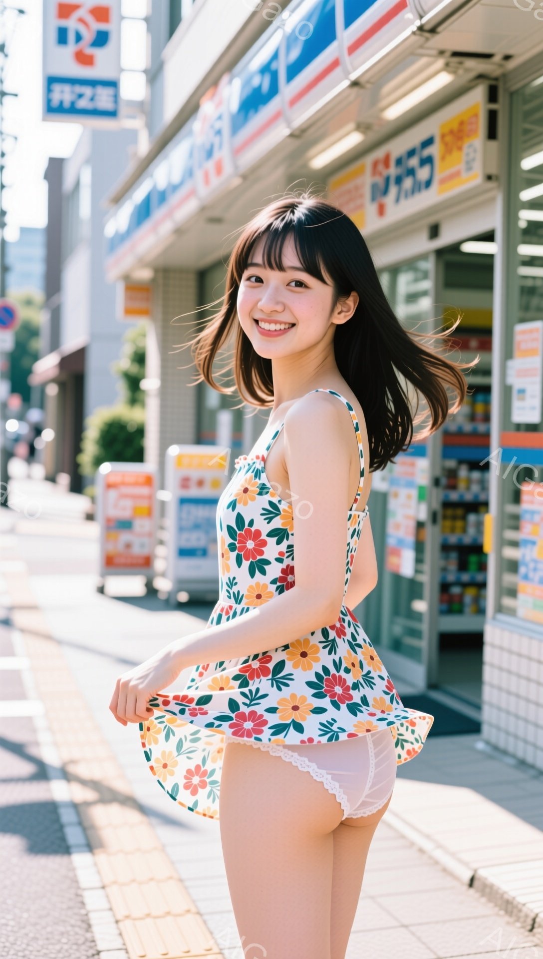 明るい日差しの中で、花柄のワンピースを着た若い女性が立っています。彼女は微笑んでおり、ワンピースが風で少しめくれ上がっています。背景には、日本のコンビニエンスストアが見え、晴れた空と街並みが広がっています。