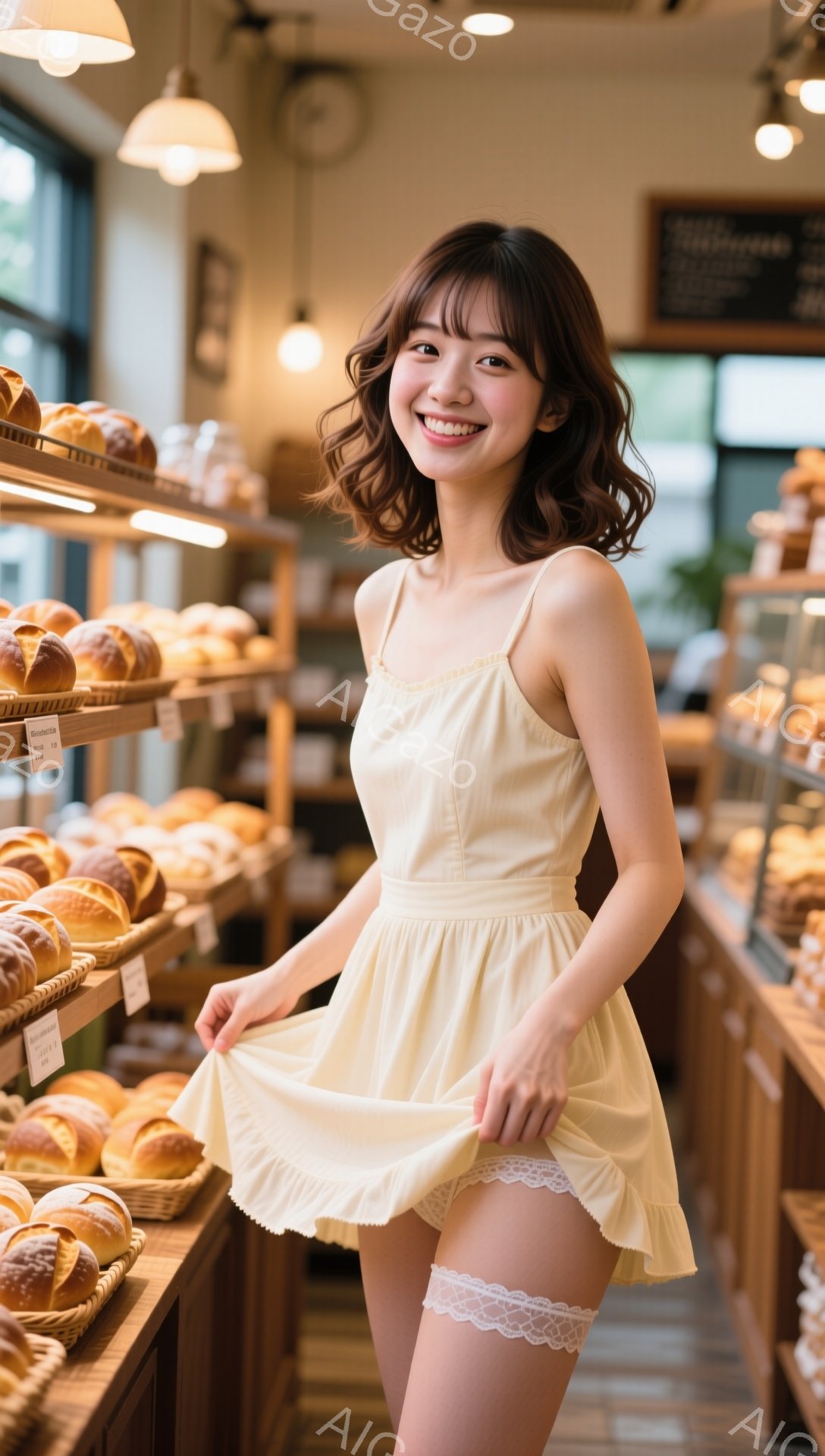 明るいパン屋で、黄色いキャミソールワンピースを着た若い女性が写っています。彼女はワンピースの裾を持ち上げ、微笑んでいます。背景にはパンが並んだ棚があり、店内の明るい雰囲気と女性の楽しそうな表情が印象的 - AI生成フリー素材