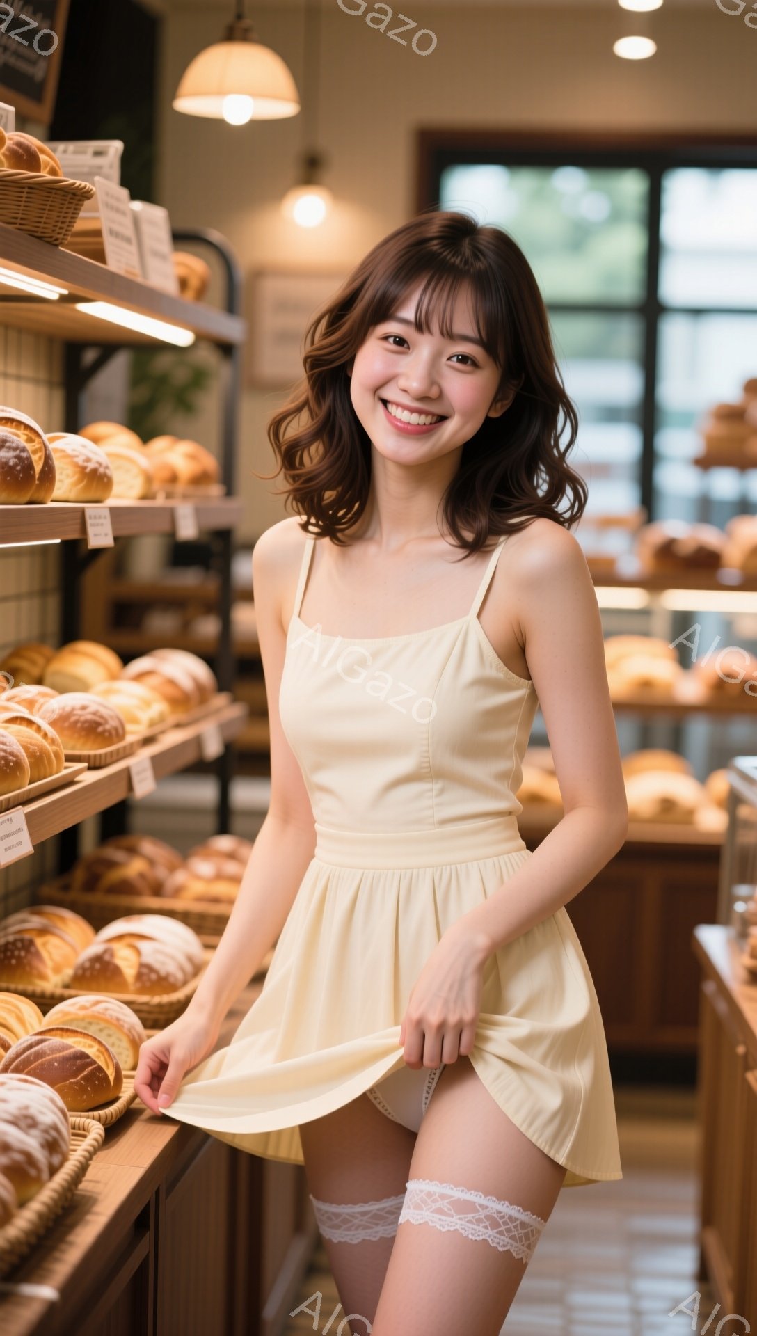 明るい色の制服を着た若い女性が、パン屋で笑顔で立っています。彼女は肩紐のついた黄色のミニワンピースを着ており、片手でスカートを持ち上げています。背景にはパンの棚が並び、暖かく明るい雰囲気の店内で、彼女 - AI生成フリー素材