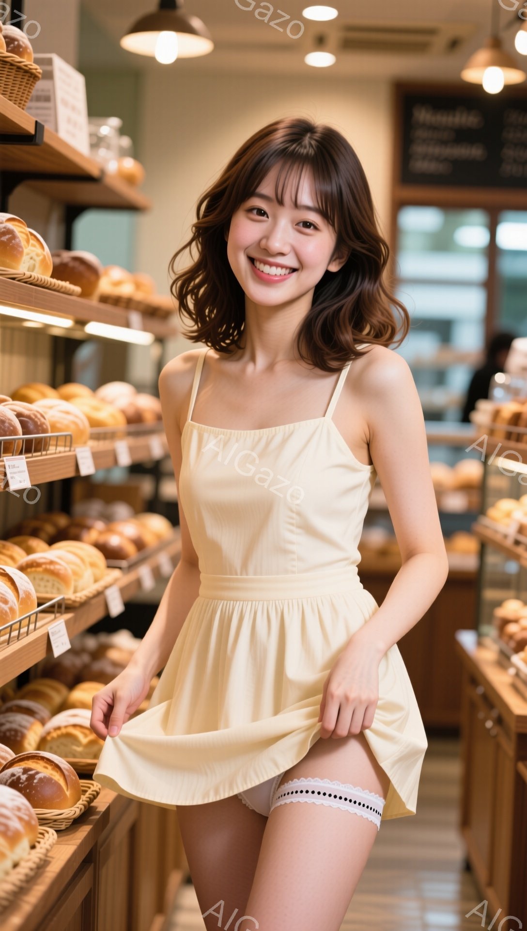 明るい色のワンピースを着た若い女性が、パン屋で少し服をたくし上げています。彼女は肩まで伸びた茶色の髪で、笑顔でカメラを見ています。背景には様々な種類のパンが並んだ棚があり、暖かく親しみやすい雰囲気が漂っています。