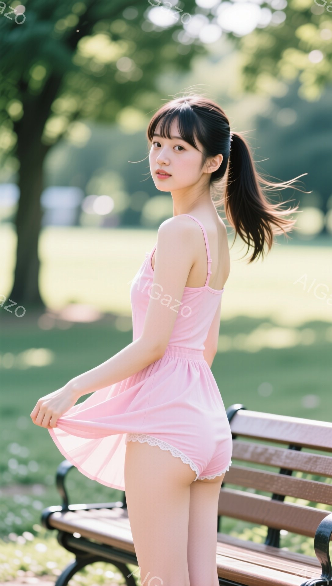 ピンク色のキャミソールワンピースを着た若い女性が写っている。彼女は髪をポニーテールにしており、微笑みを浮かべている。背景には緑豊かな芝生と木々、そしてベンチが見え、晴れた日の穏やかな雰囲気が漂っている。