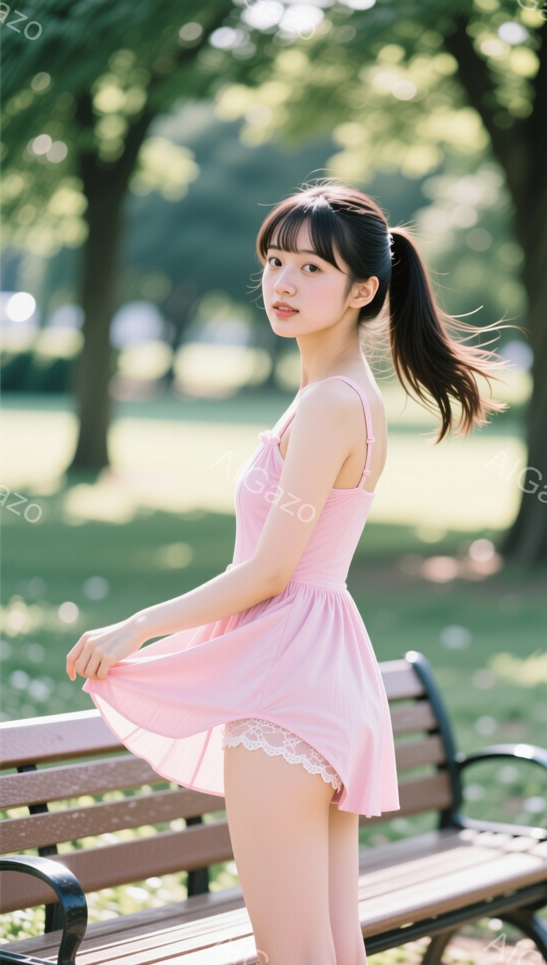 長い黒髪をポニーテールにした若い女性が、ピンク色のミニワンピースを着てベンチの前で立っています。彼女はワンピースの裾を軽く握り、少し微笑んでいます。背景には緑豊かな木々と光が差し込む公園の風景が広がっており、晴れた日の穏やかな雰囲気が漂っています。