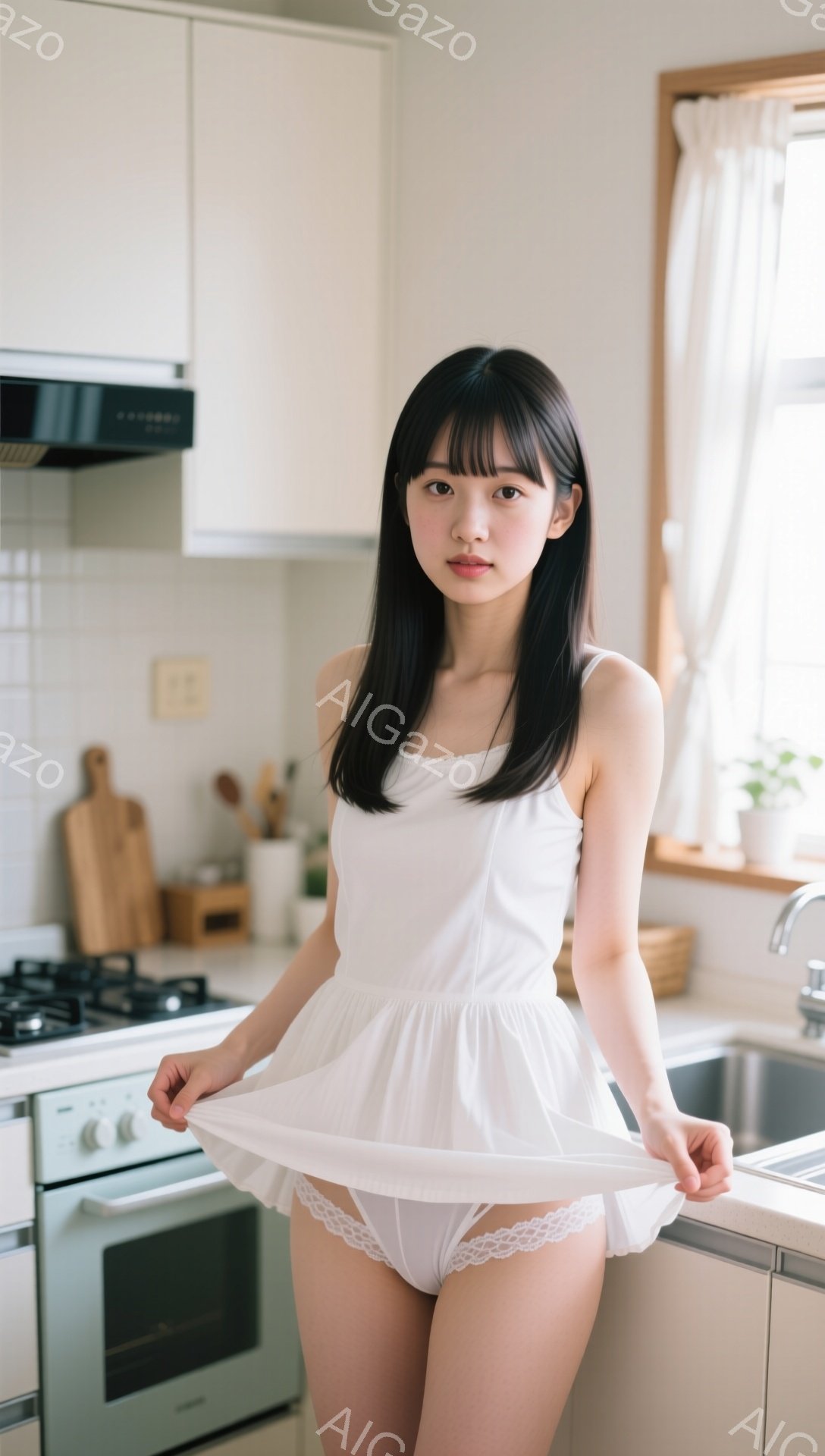 黒髪で前髪を揃えた女性が、白いキャミソールとフリルのミニスカートを身につけ、キッチンでスカートの裾を軽く掴んでいます。彼女はわずかに微笑み、リラックスした表情でカメラを見つめています。背景には、白を基調とした清潔感のあるキッチンと窓から差し込む自然光があり、全体的に明るく穏やかな雰囲気が漂っています。