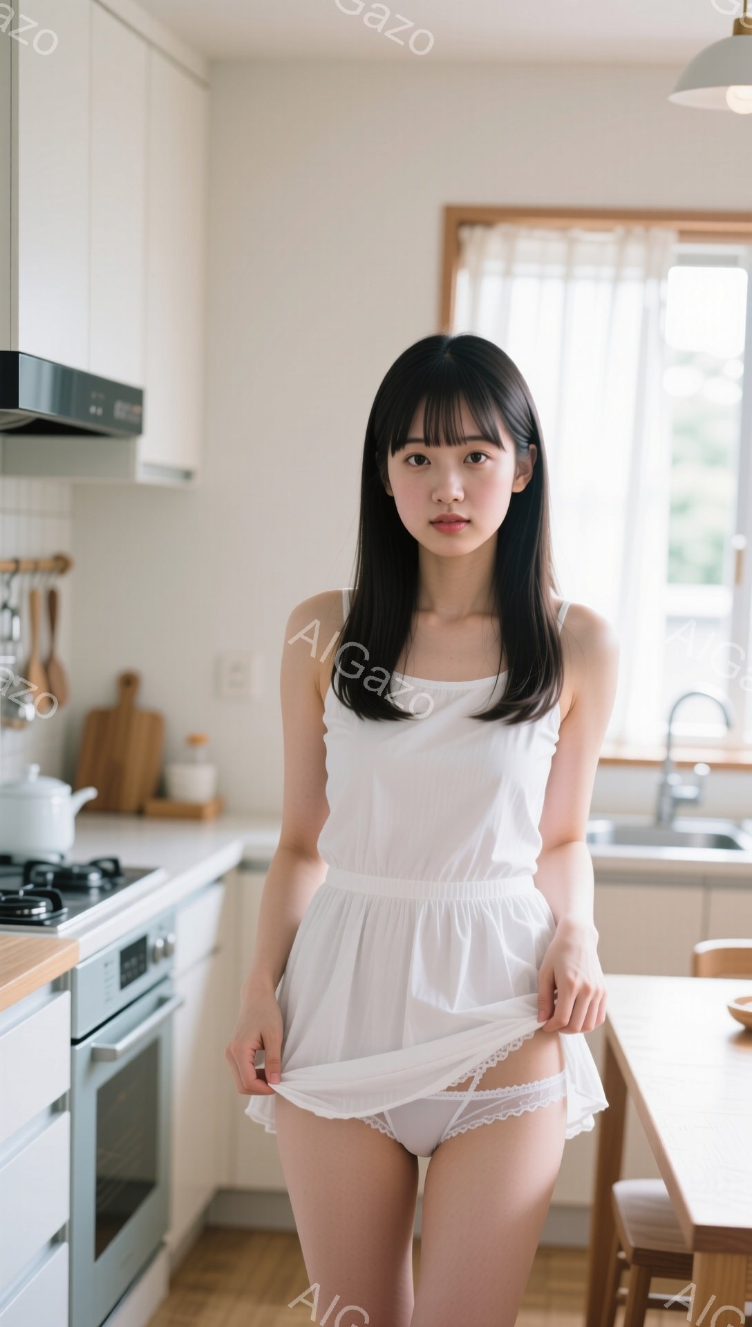 黒髪で前髪のある若い女性が、白いキャミソールドレスを着てキッチンに立っています。彼女は両手でドレスの裾を持ち、少し照れたような表情をしています。背景には木製のキッチンキャビネット、ステンレス製の家電、窓から差し込む自然光が見え、明るく家庭的な雰囲気が漂っています。