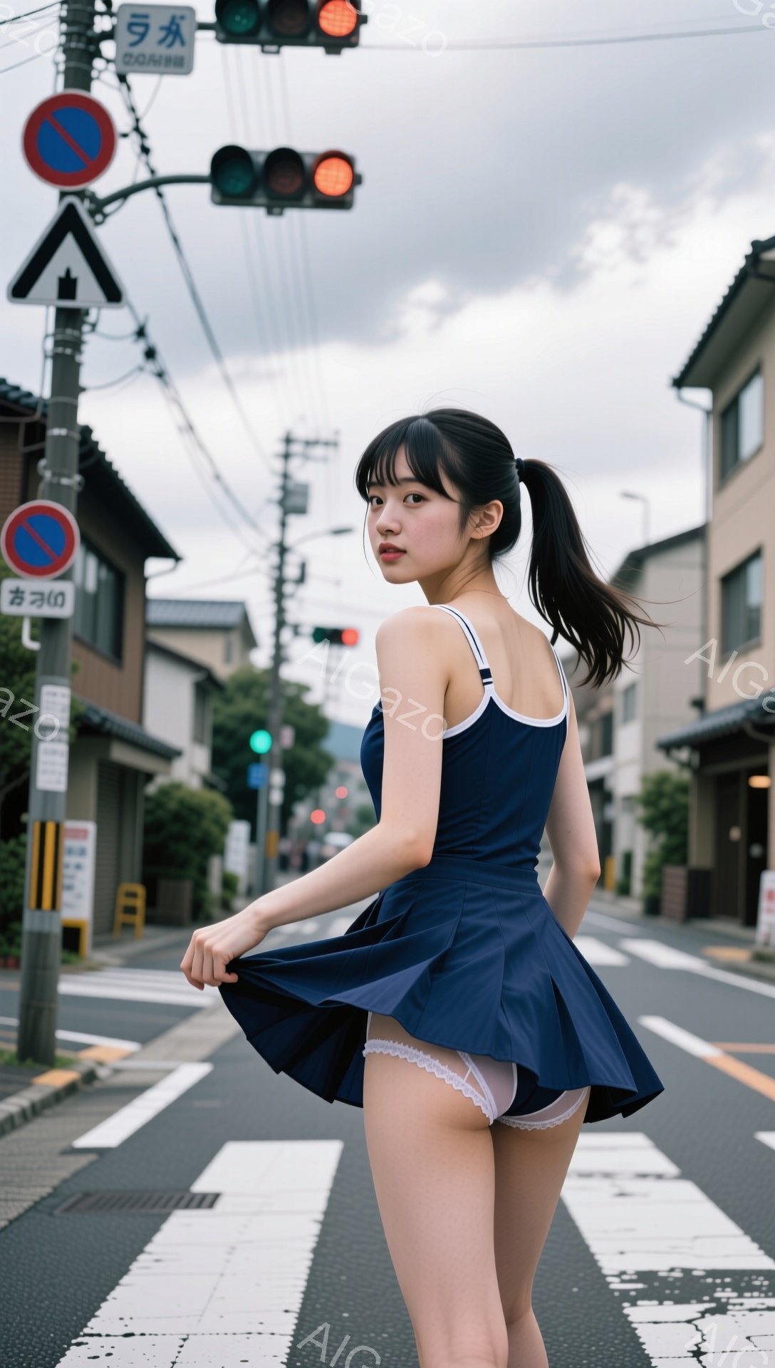 若い女性が横断歩道上で紺色のセーラー服のスカートを広げて立っている。彼女は長い黒髪をポニーテールにし、少し振り返ってカメラを見ている。背景には住宅街の風景が広がり、電柱、信号機、緑の木々が見え、天気は曇りである。