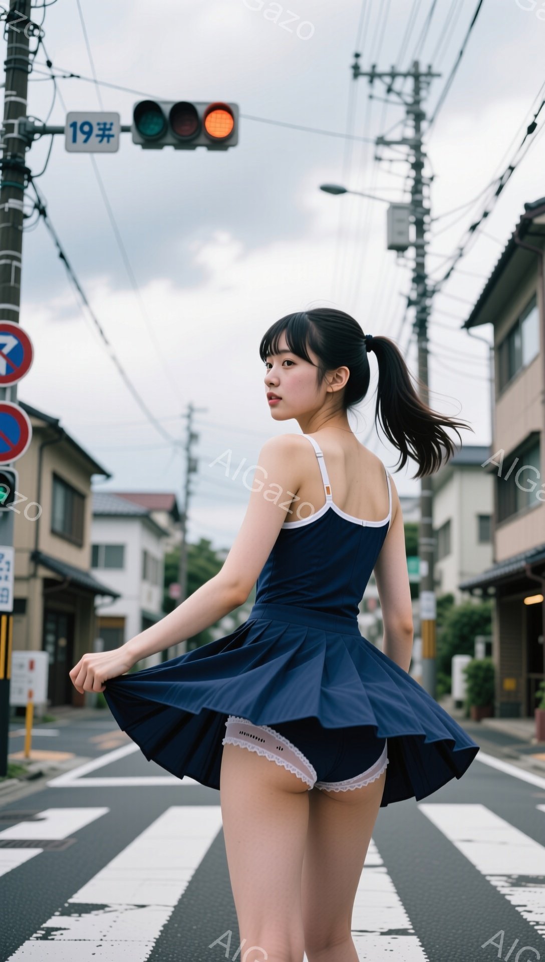 青いワンピースを着た若い女性が、横断歩道でスカートを少し持ち上げて立っています。彼女は長い黒髪をポニーテールにし、振り返ってカメラを見て少し微笑んでいます。背景には、電柱、建物、緑の木々が見え、曇りの空が広がっています。