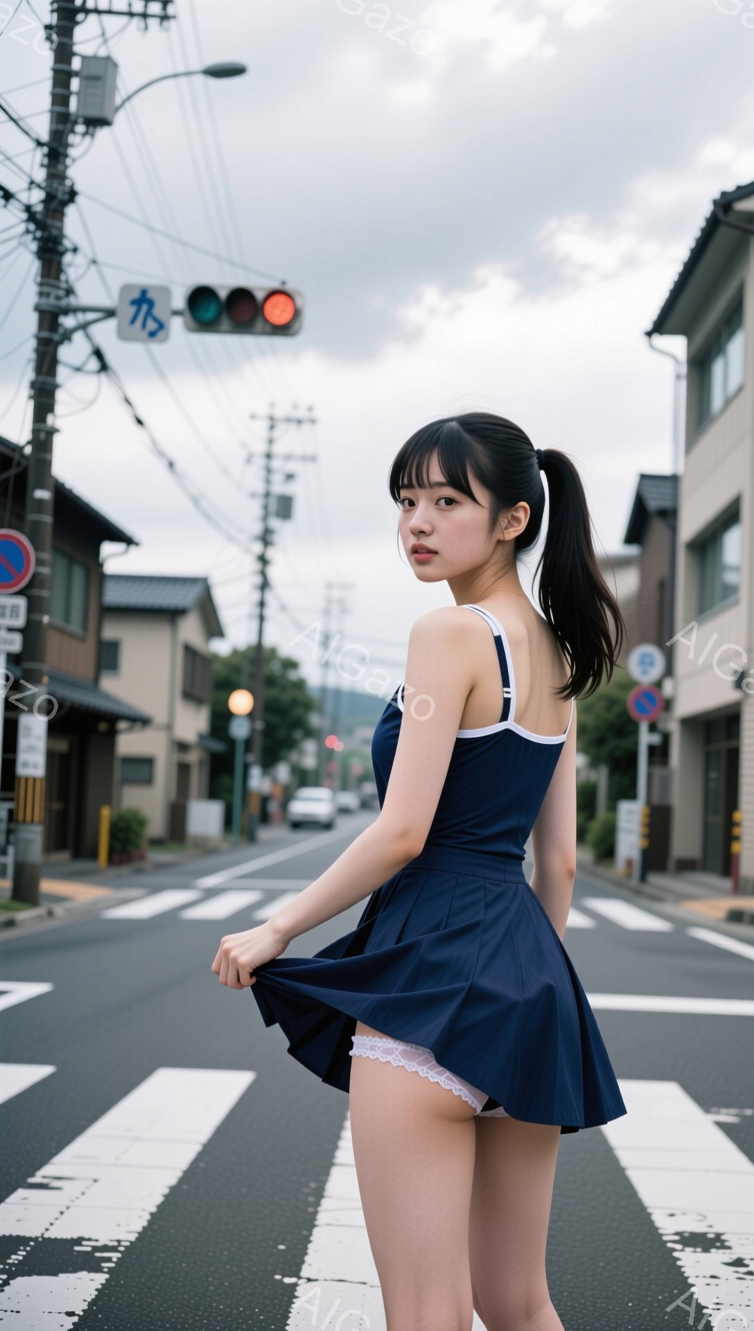 紺色のワンピースを着た若い女性が、横断歩道上でスカートを少し持ち上げています。彼女は黒髪をポニーテールにし、少し微笑んでいる表情をしています。背景には、日本の住宅街の風景が広がり、電柱や道路標識、建物が見え、曇り空が広がっています。
