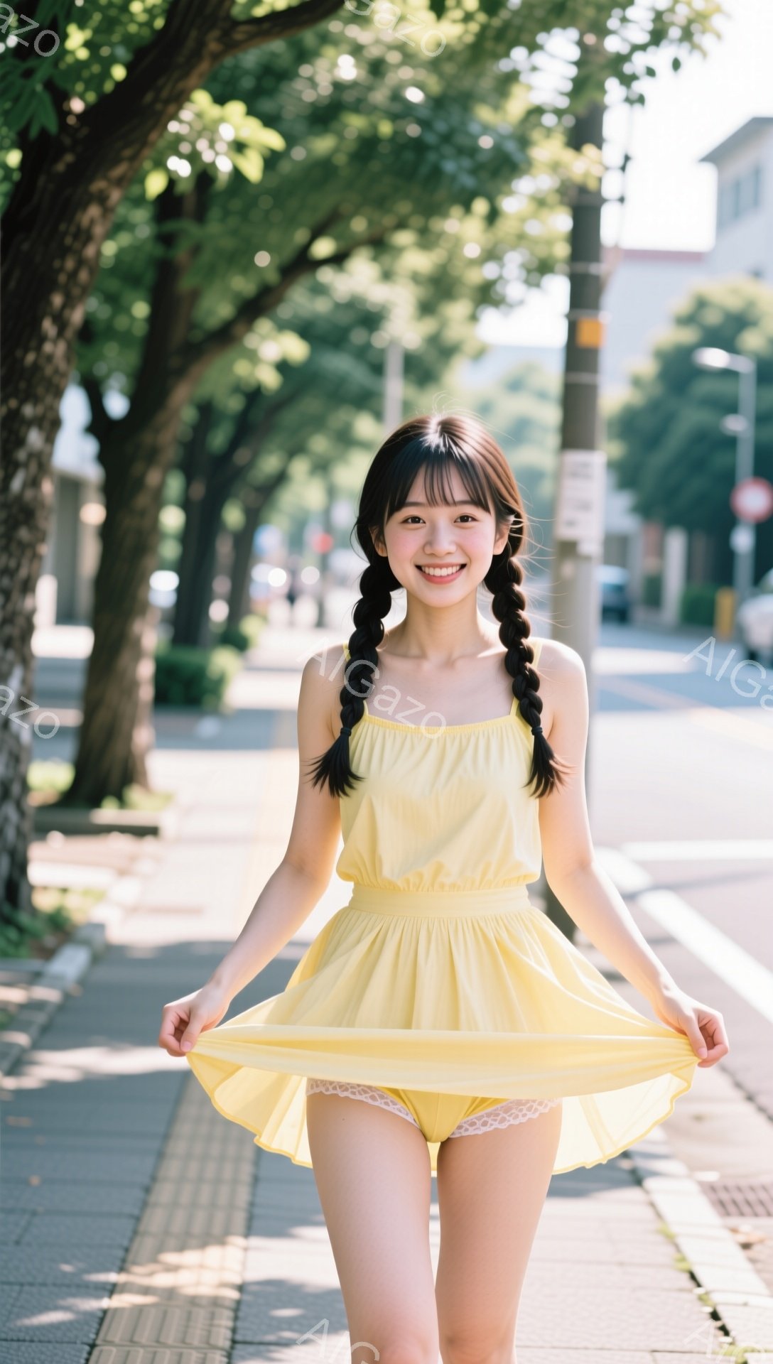 明るい黄色のワンピースを着た若い女性が、道路の上を歩いています。彼女は髪を二つに結び、笑顔でポーズをとっています。背景には緑豊かな木々と建物があり、晴れた日差しが降り注いでおり、全体的に明るく楽しい雰囲気が漂っています。