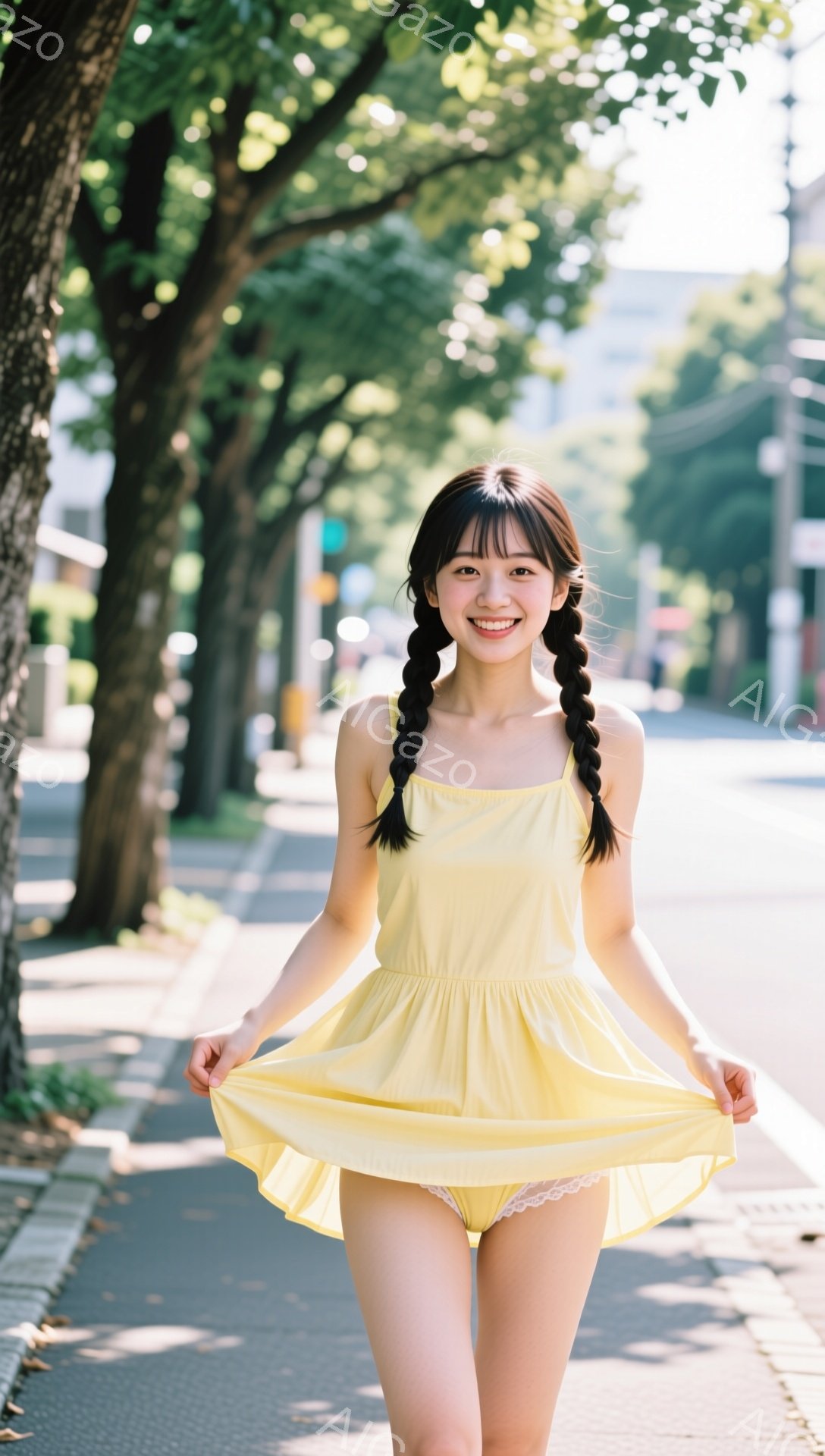 若い女性が黄色いキャミソールワンピースを着て、両手でスカートを押さえて歩いています。彼女は黒い髪をツインテールにし、笑顔でカメラを見ています。背景には緑豊かな木々と建物があり、晴れた日の穏やかな雰囲気が感じられます。