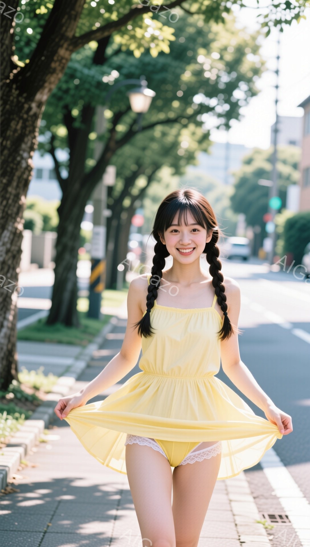 明るい黄色のワンピースを着た若い女性が、歩道を歩いている。彼女は両手を広げ、ワンピースのスカートを少し持ち上げ、笑顔を見せている。背景には緑豊かな木々が並び、晴れた空の下、穏やかな雰囲気の住宅街が広がっている。