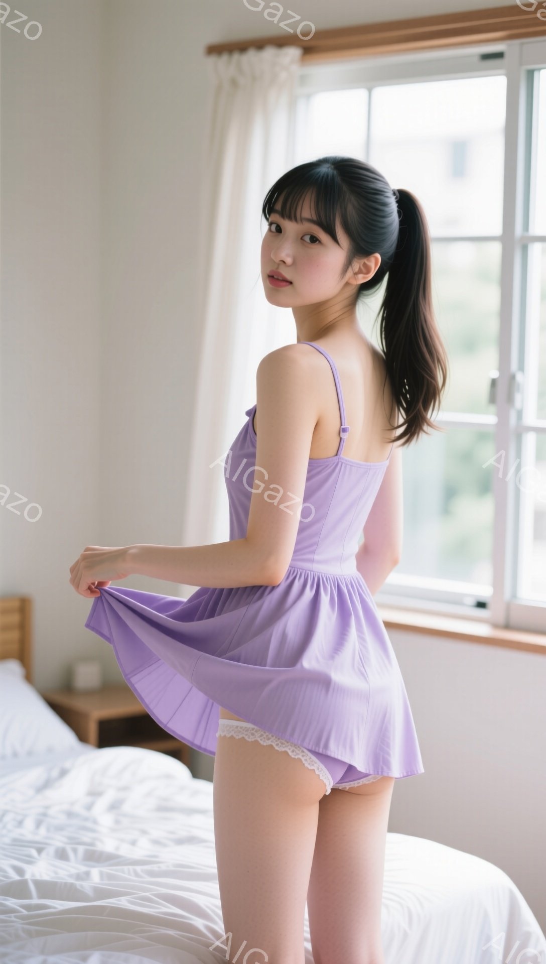 長い黒髪をポニーテールにした女性が、薄紫色のキャミソールワンピースを着て、白いベッドの上に立っている。彼女はワンピースの裾を軽く掴み、少し振り返ってこちらを見ている様子で、控えめな笑顔を浮かべている。背景には窓があり、明るい日差しが差し込み、部屋全体が優しい雰囲気で包まれている。