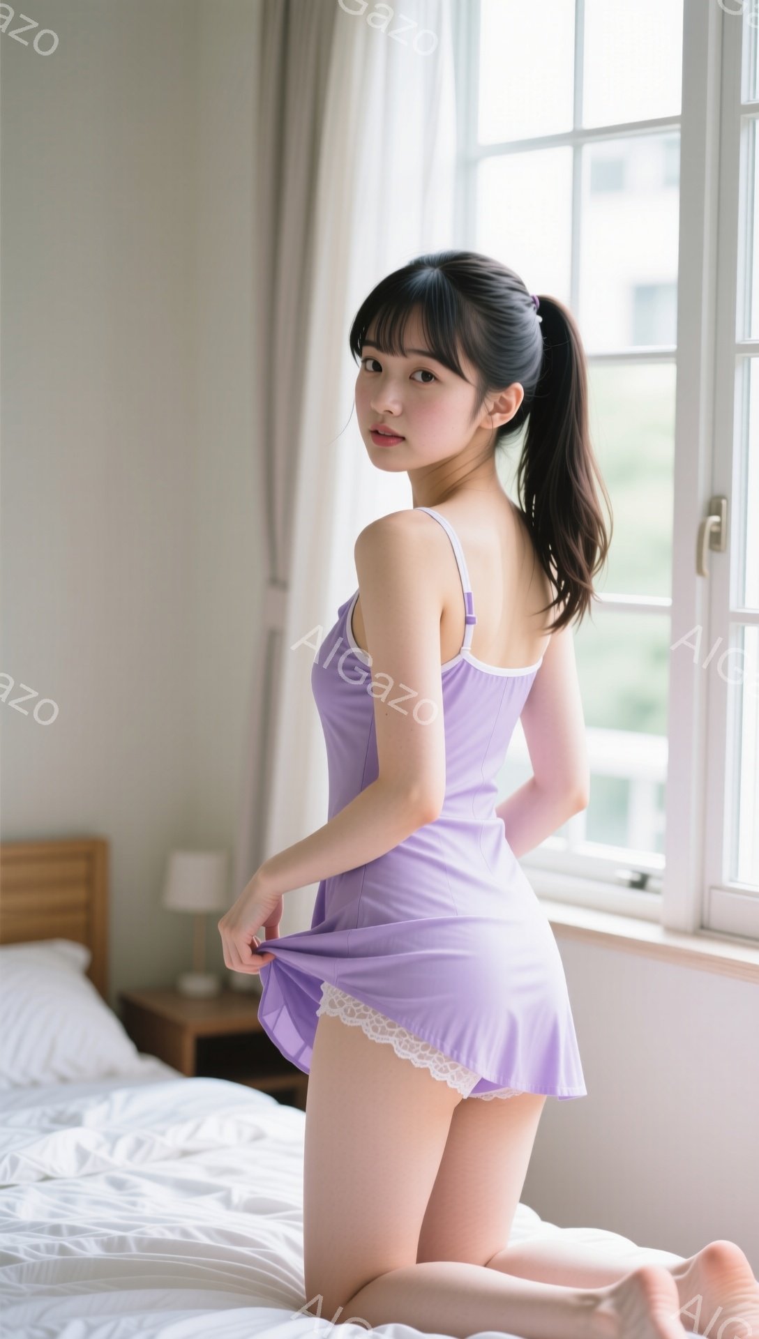 長い黒髪をポニーテールにした若い女性が、薄紫色のキャミソールワンピースを着て、ベッドの上に立っています。彼女はワンピースの裾を持ち上げ、少し微笑んでいます。背景には窓から見える建物が見え、明るい日差しが差し込んで、全体的に柔らかく可愛らしい雰囲気です。