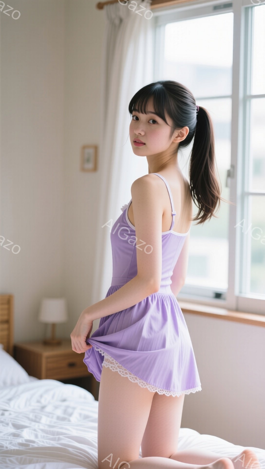 黒髪のロングヘアをポニーテールにした若い女性が、薄紫色のキャミソールワンピースを着て白いベッドの上に立っています。彼女は少し微笑み、片手でワンピースの裾を軽く掴んでおり、優雅で可愛らしい印象を与えます。背景には木製のナイトテーブルと窓が見え、穏やかでリラックスした雰囲気が漂っています。