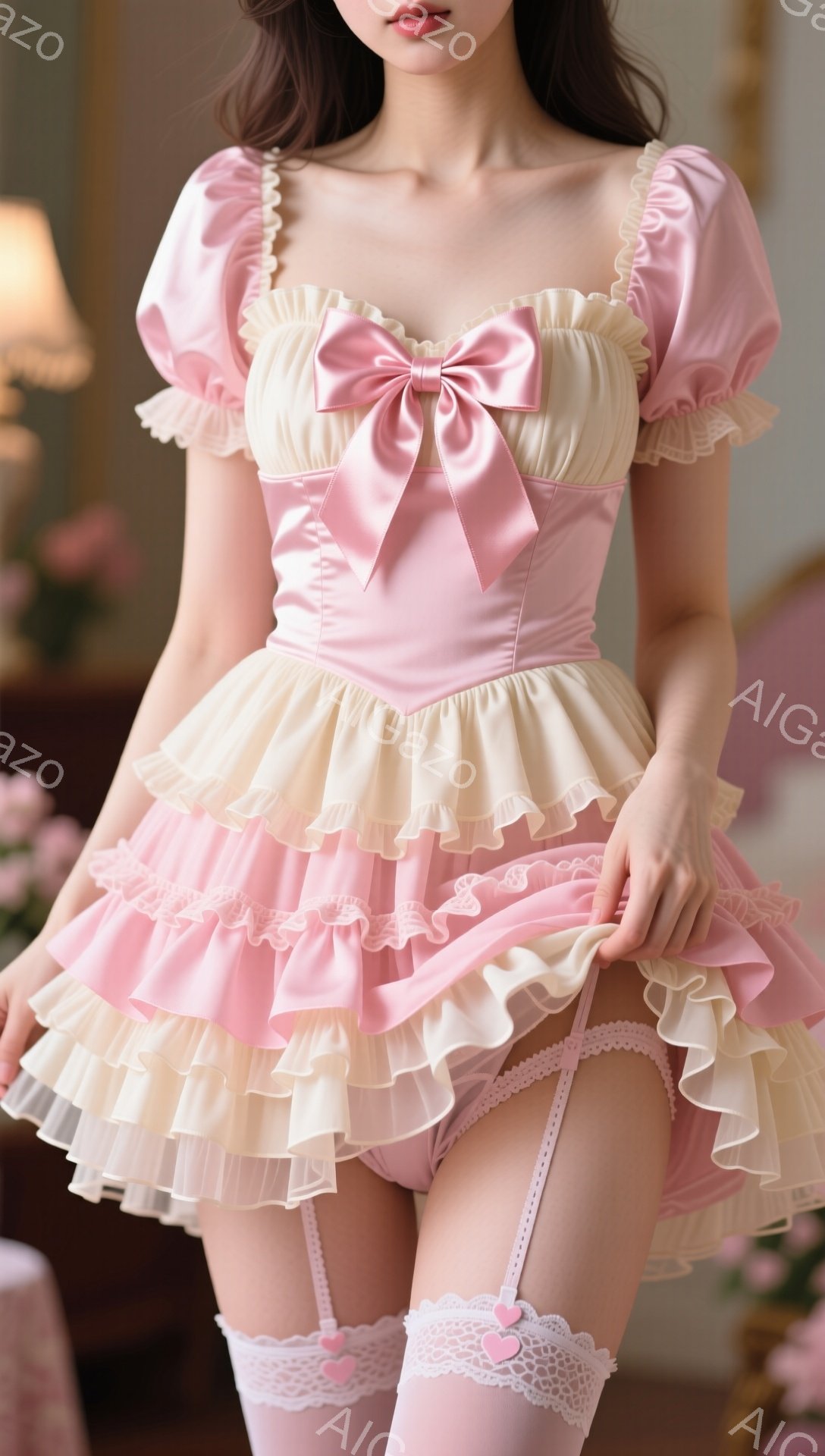 淡いピンクとクリーム色のフリルがたくさんついたロリータファッションのドレスを着た女性が写っています。ドレスはパフスリーブとリボンが特徴で、サスペンダーとレースのニーハイソックスを合わせています。背景はぼやけており、花と家具の一部が見える、ロマンチックで夢のような雰囲気です。